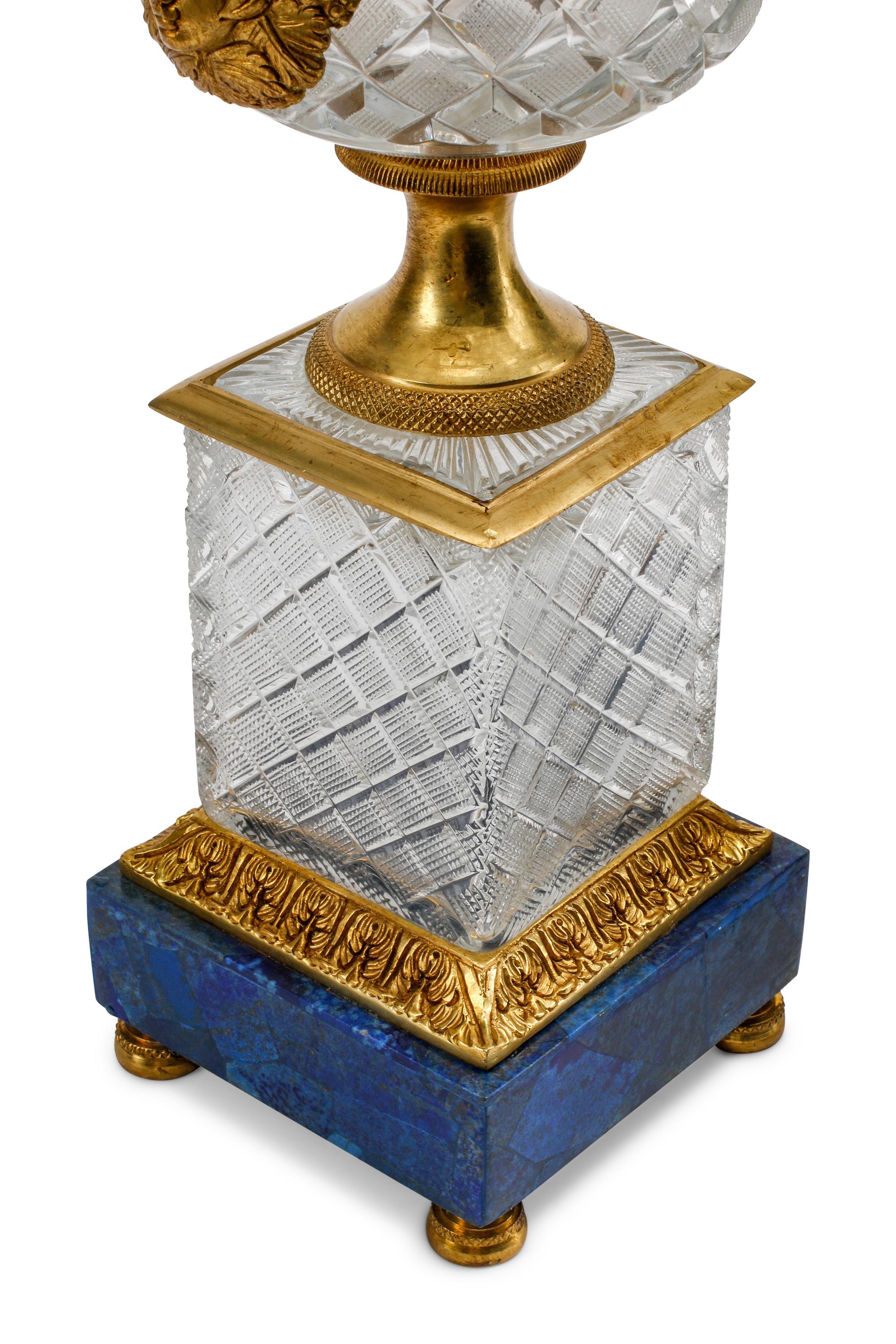 A Pair of Cut Glass, Gilt Bronze and Lapis Lazuli Urns