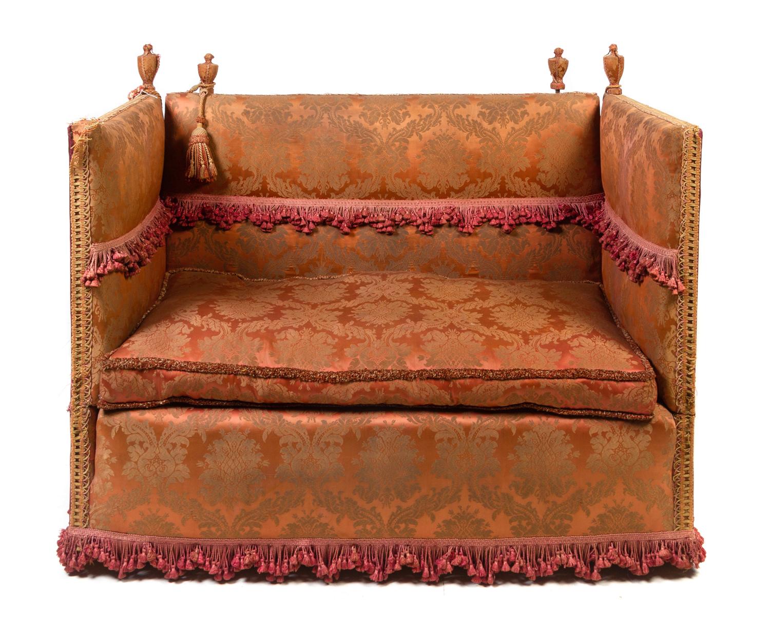 A Damask Upholstered Knole Sofa Height 37 1/2 x width 52 1/2 x depth 30 inches. — 19TH CENTURY