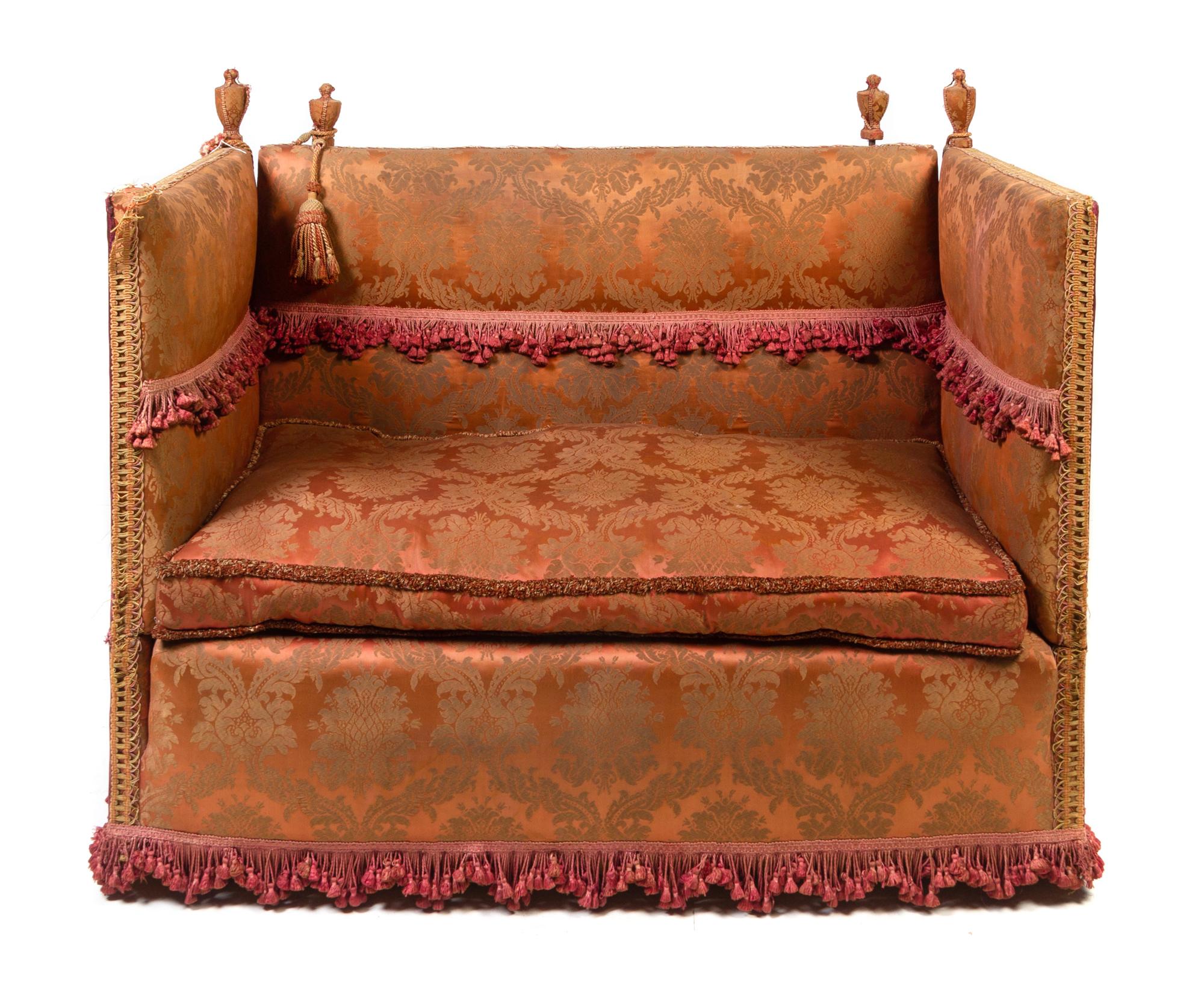 A Damask Upholstered Knole Sofa Height 37 1/2 x width 52 1/2 x depth 30 inches. — 19TH CENTURY