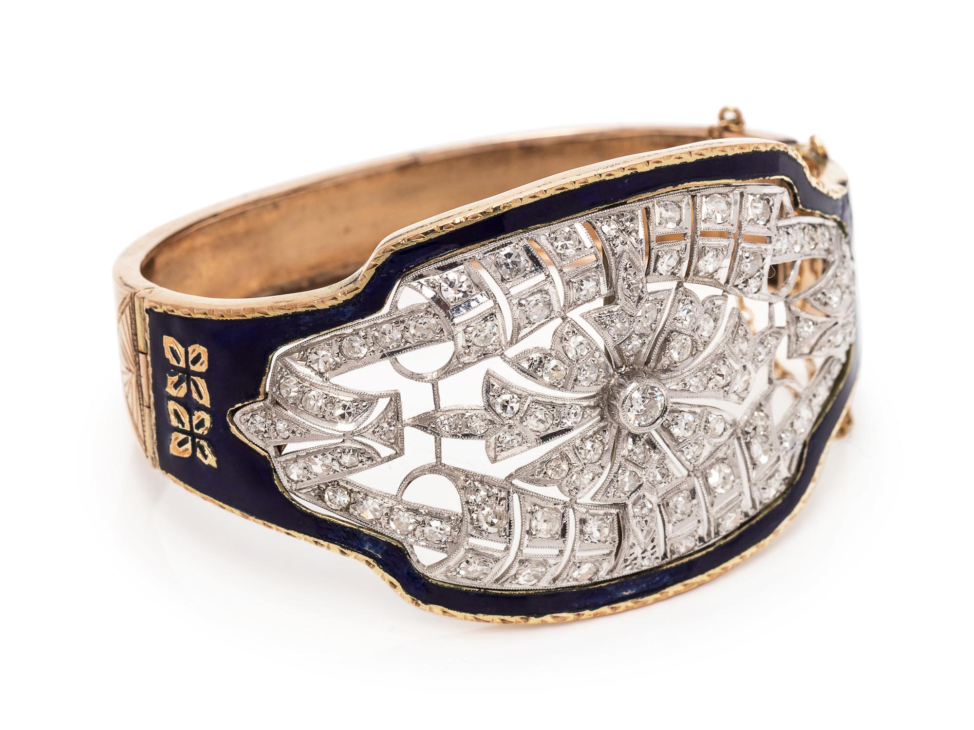An Antique Yellow Gold, Platinum, Diamond and Enamel Bangle Bracelet,