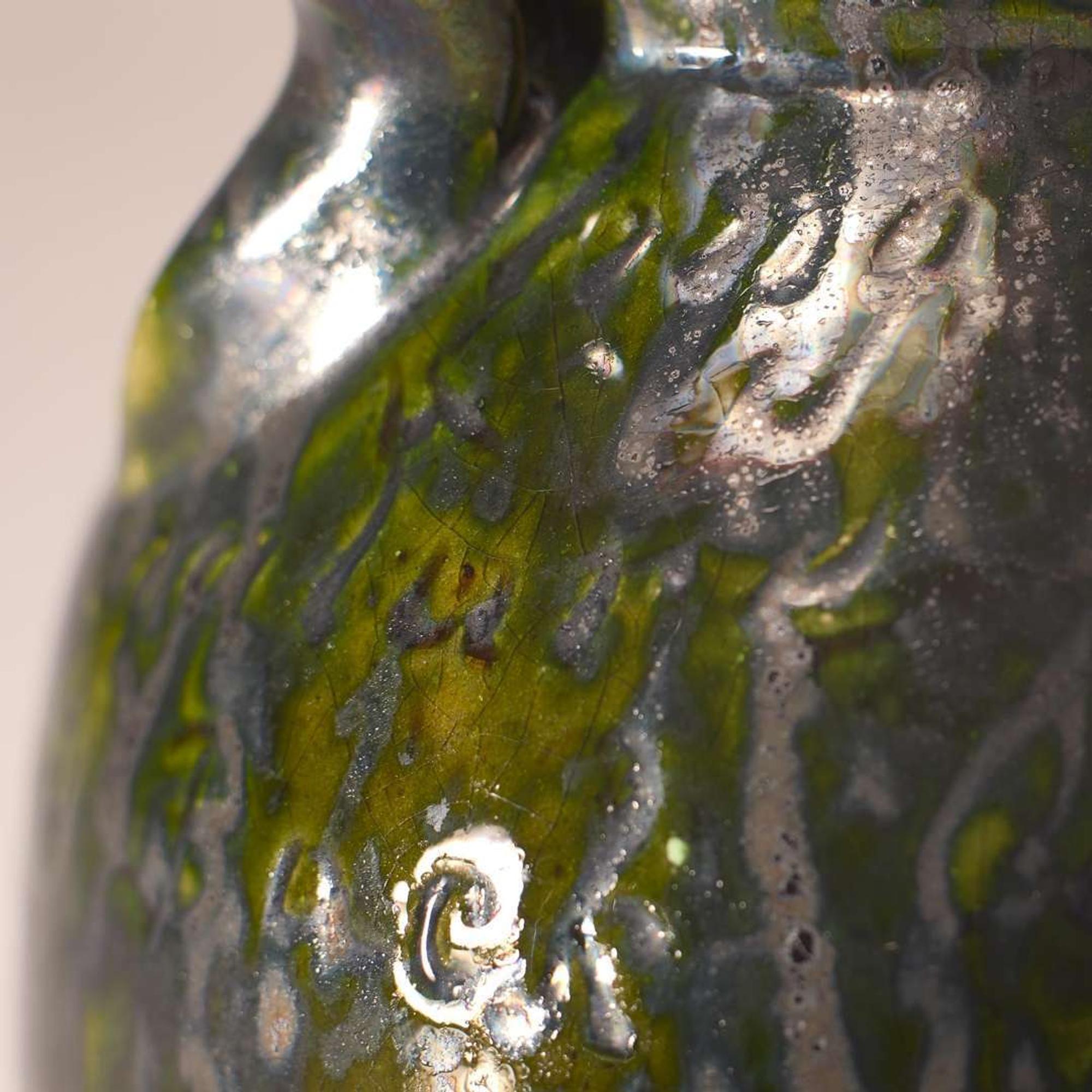 George Ohr (American, 1857-1918) Fine Large "Molly Poem" Twin-Handled Vessel in Olive Drip Glaze with Speckled Brown Interior, Biloxi, Mississippi, USA, circa 1898-1910