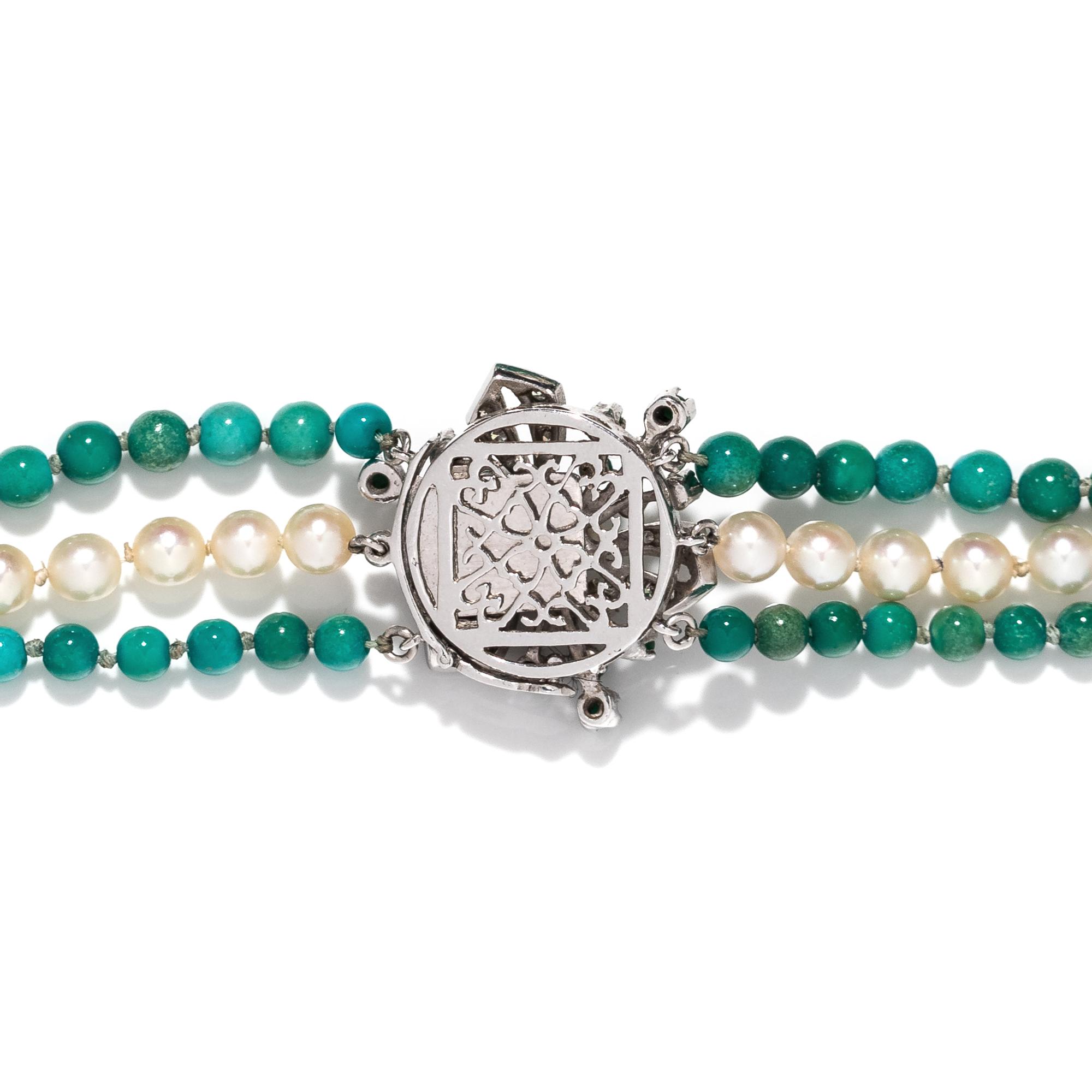 PEARL, TURQUOISE AND DIAMOND NECKLACE