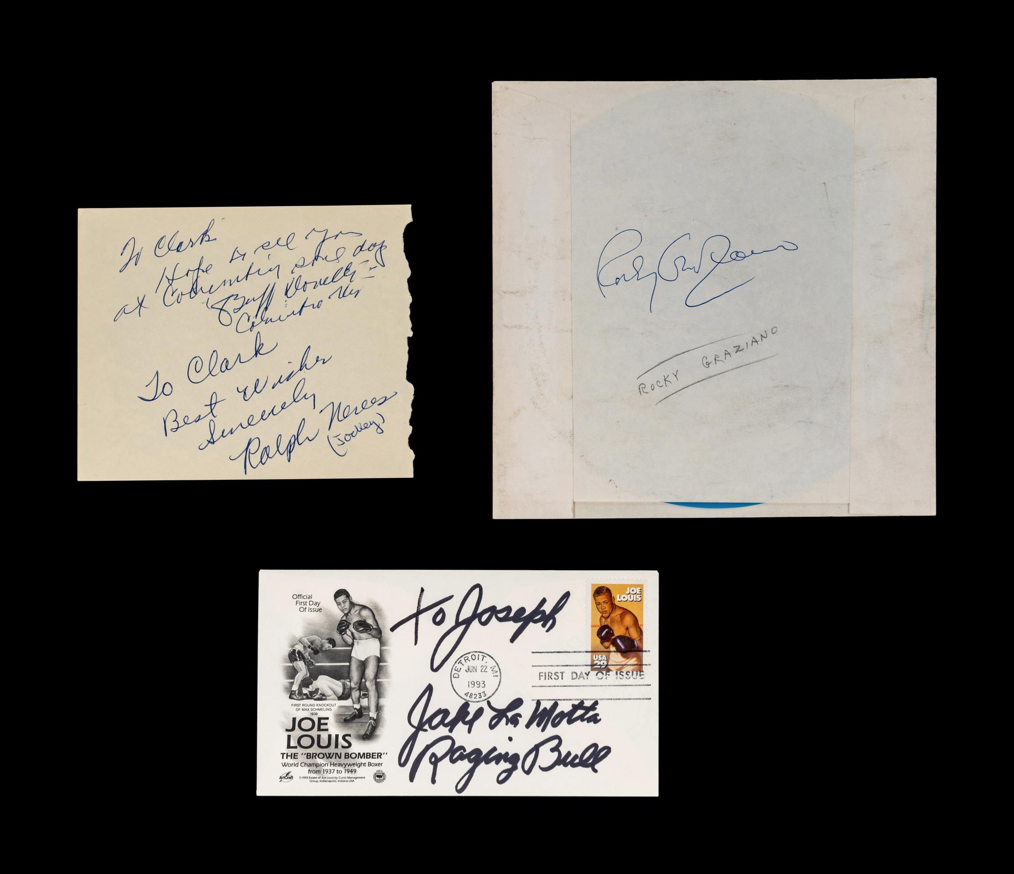 A Group of Sugar Ray Robinson, Jake LaMotta and Rocky Graziano Signed Autograph Items,