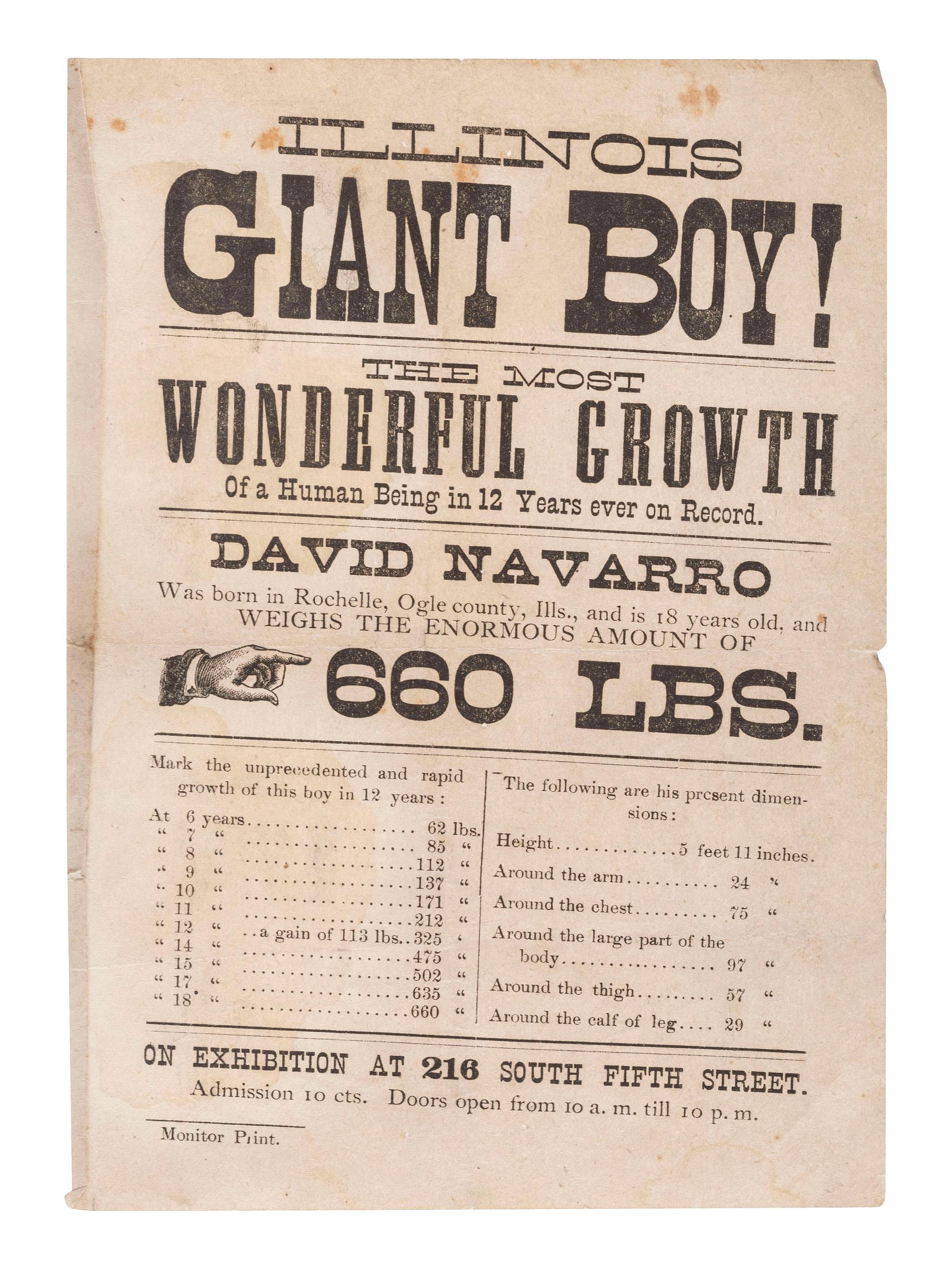 [CIRCUS] -- [SIDESHOWS]. A group of 4 items associated with unusual performing acts highlighted by a broadside advertising the "Illinois Giant Boy!" ca 1879.
