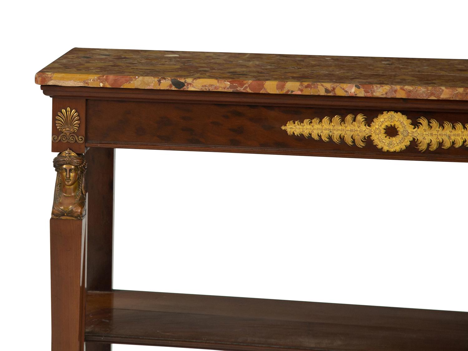 A French Empire Gilt Bronze Mounted Mahogany Breche d'alep Marble-Top Console Table