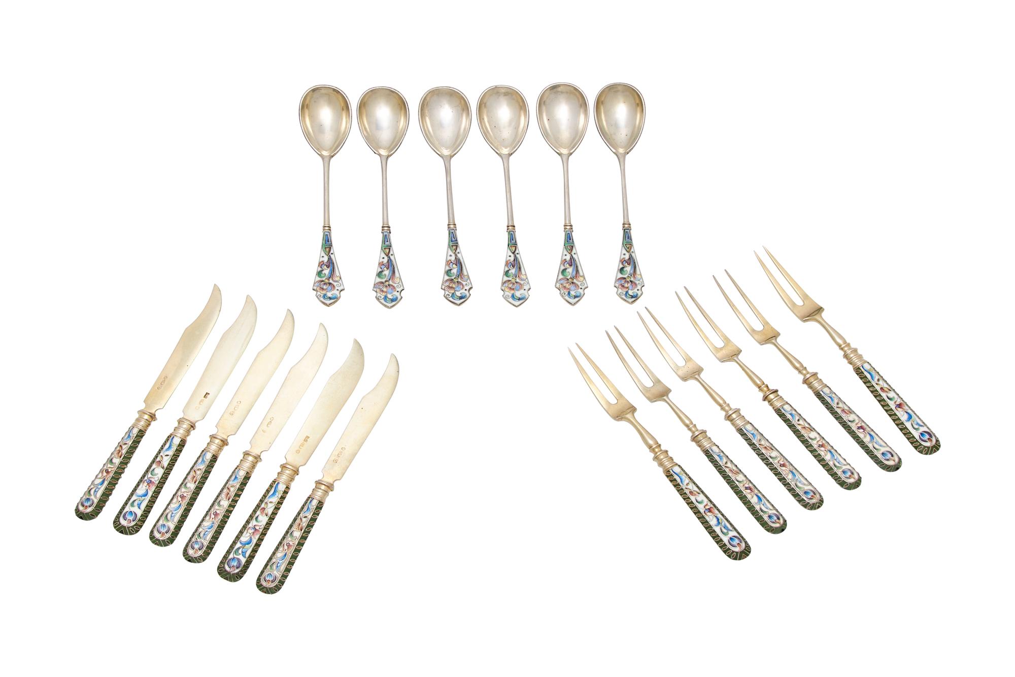 An Assembled Set of Russian Silver and Cloisonné Enameled Flatware