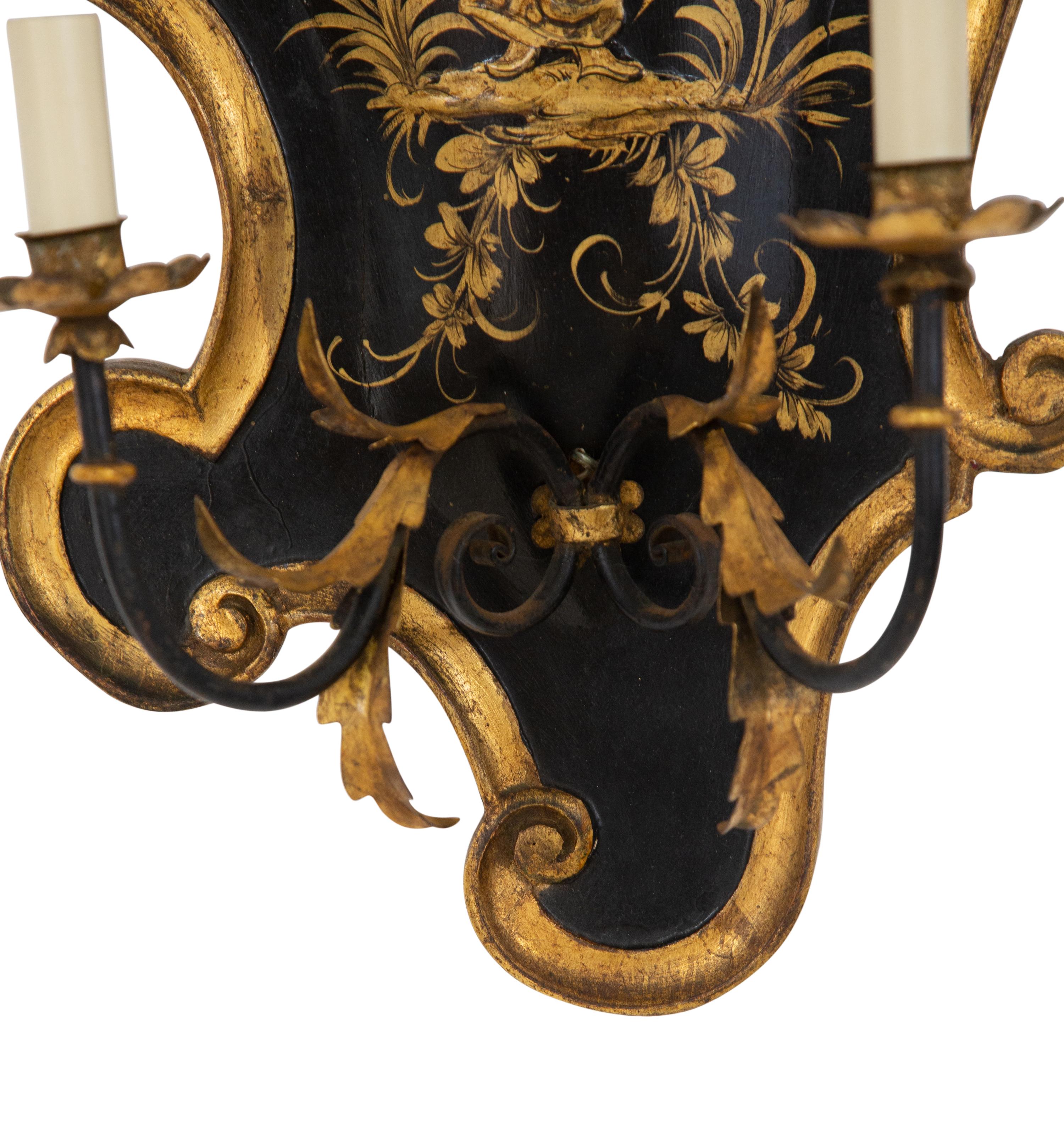 A Pair of English Japanned, Patinated and Gilt Metal Wall Sconces