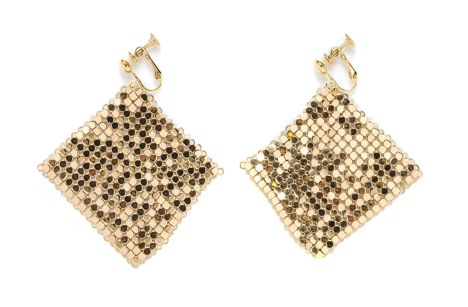 A Whiting & Davis Goldtone Mesh Bib Necklace and Earclip Set, Necklace: 37" x 15"; Earclips: 2.5" circumference.