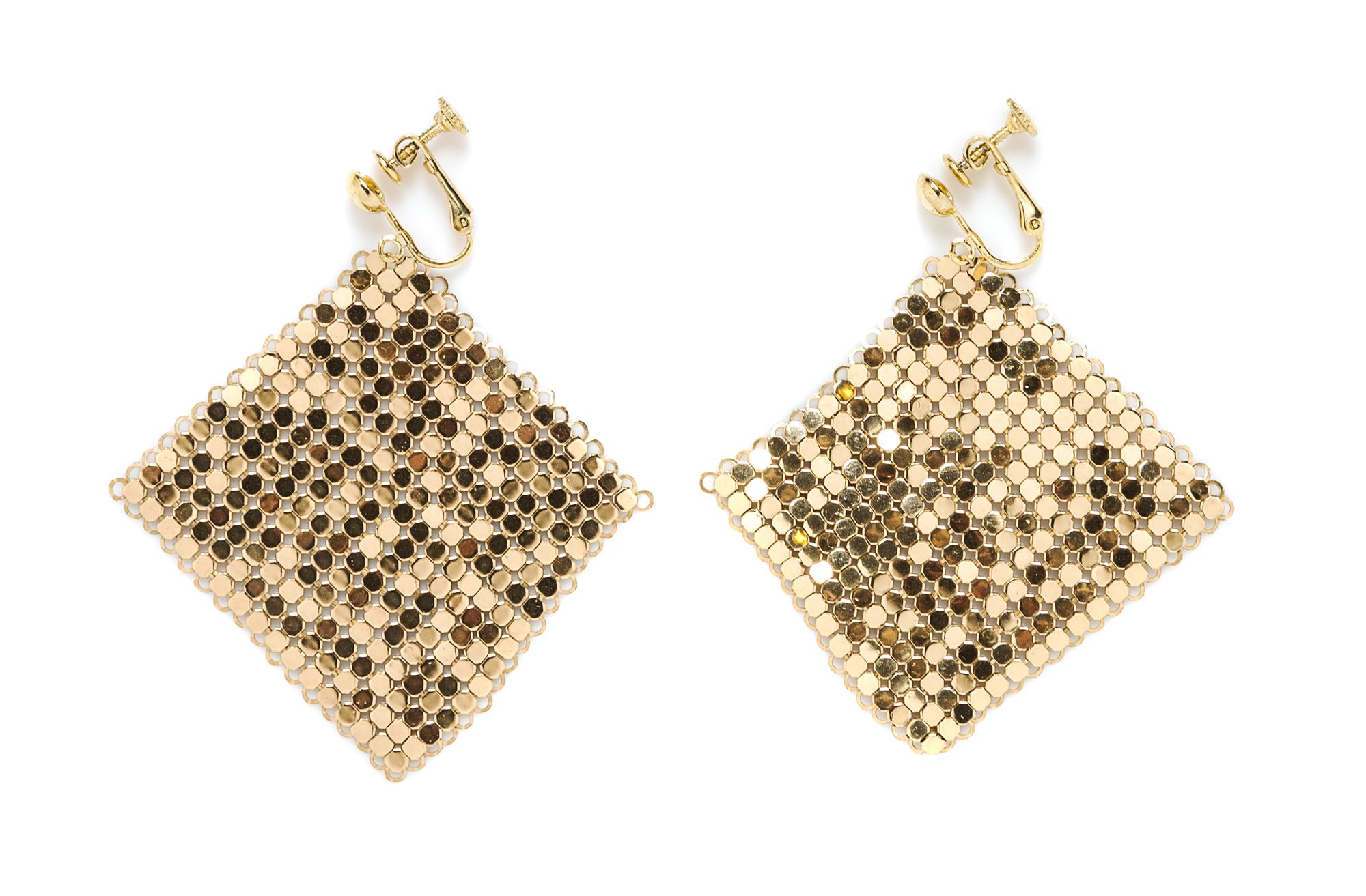 A Whiting & Davis Goldtone Mesh Bib Necklace and Earclip Set, Necklace: 37" x 15"; Earclips: 2.5" circumference.