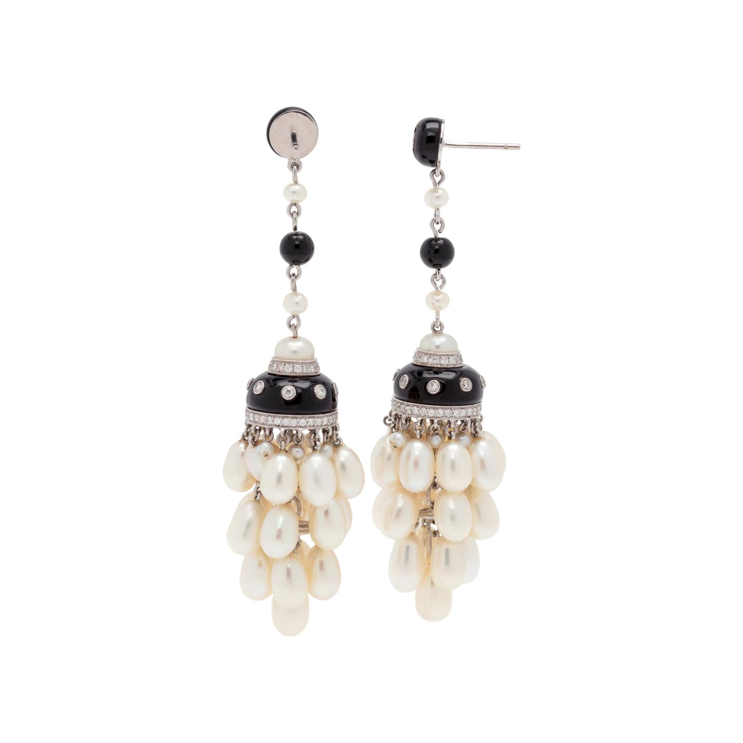 CULTURED PEARL, DIAMOND AND ONYX DROP EARRINGS