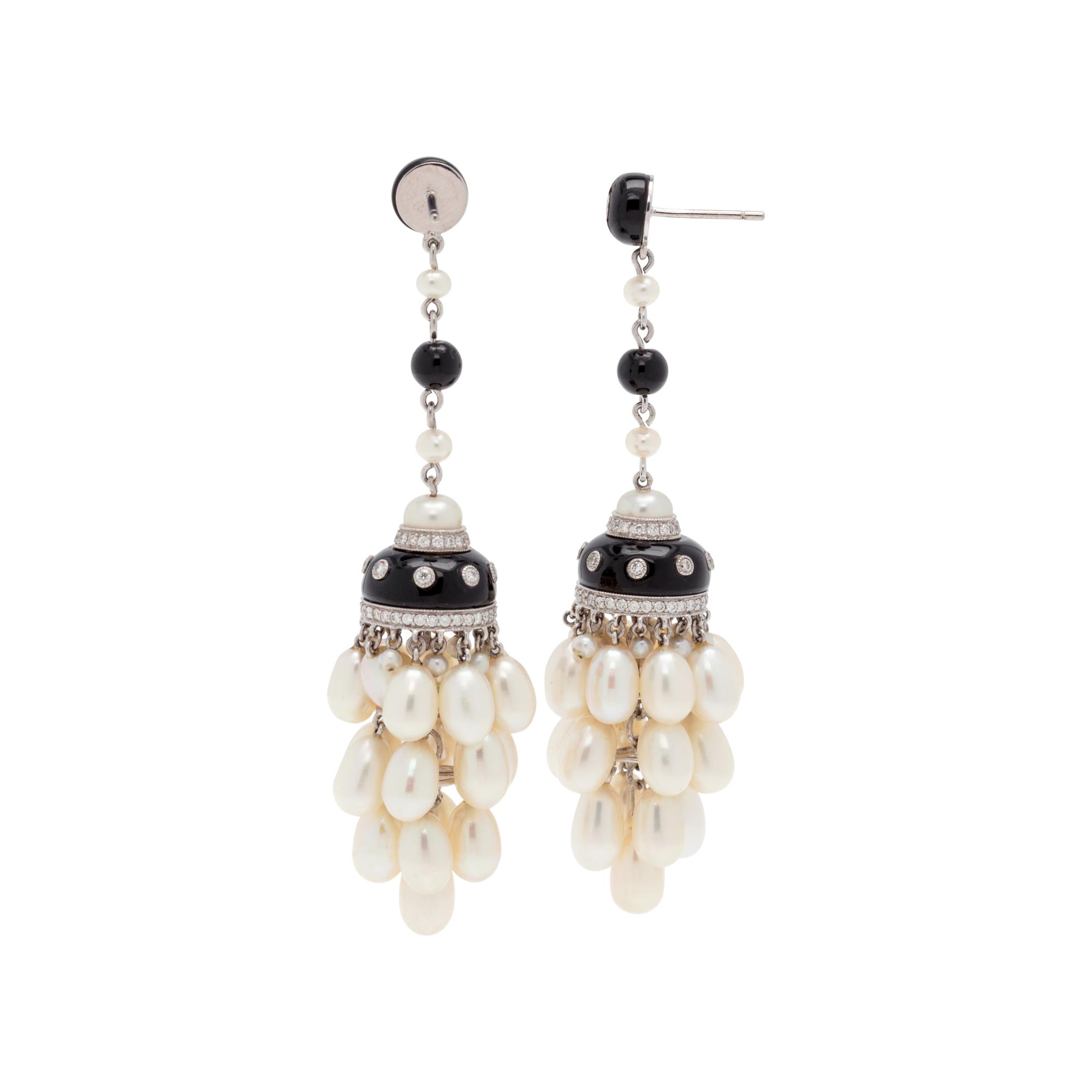 CULTURED PEARL, DIAMOND AND ONYX DROP EARRINGS
