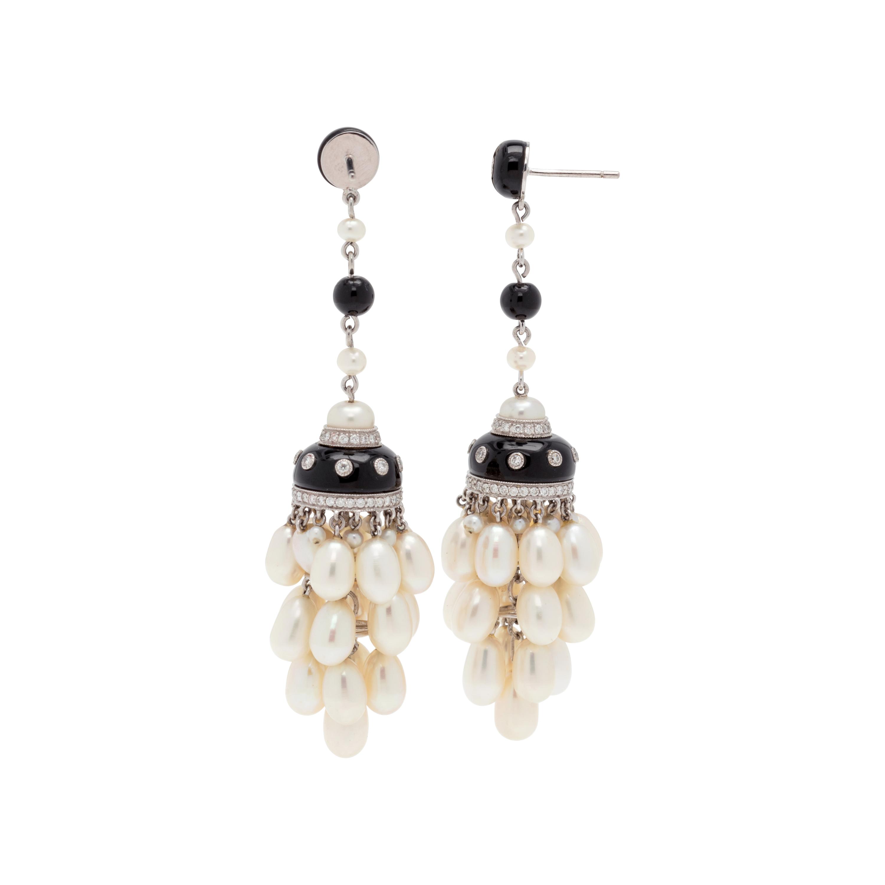 CULTURED PEARL, DIAMOND AND ONYX DROP EARRINGS