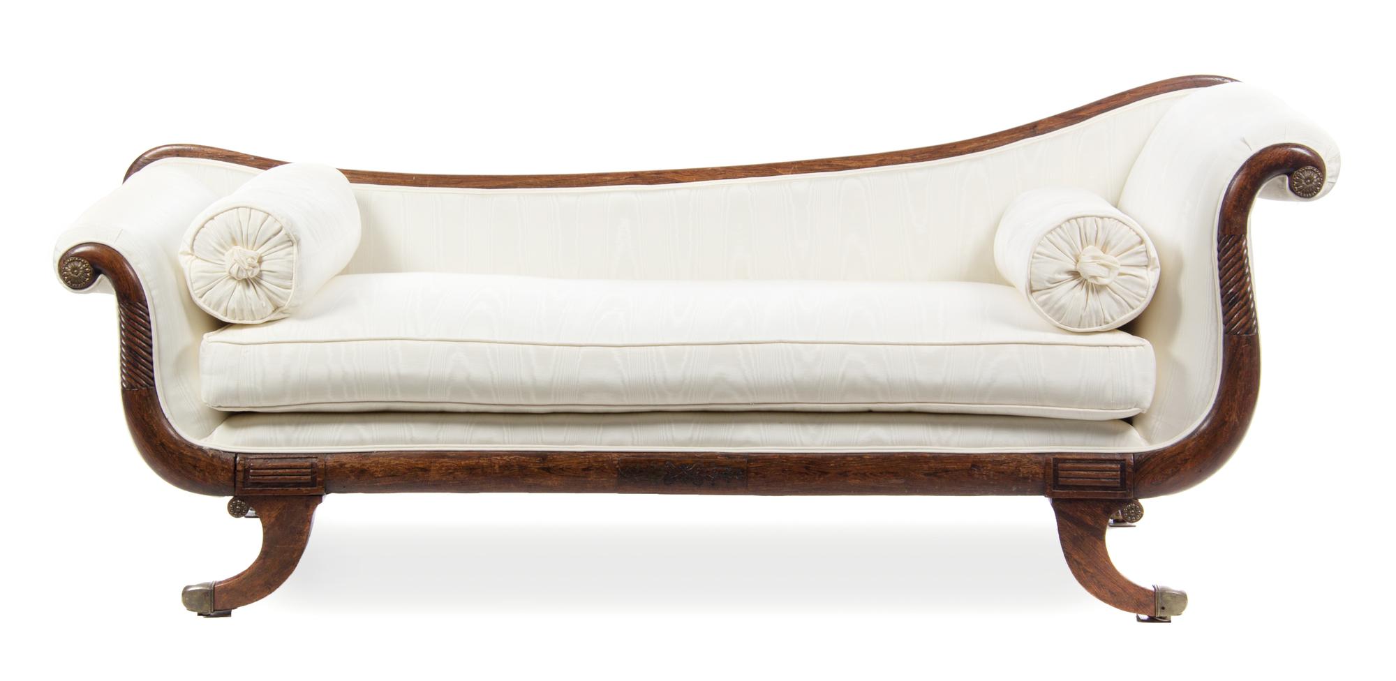 A Regency Gilt Metal Mounted Oak Sofa Height 32 x width 80 1/2 x depth 26 1/4 inches. — FIRST HALF 19TH CENTURY