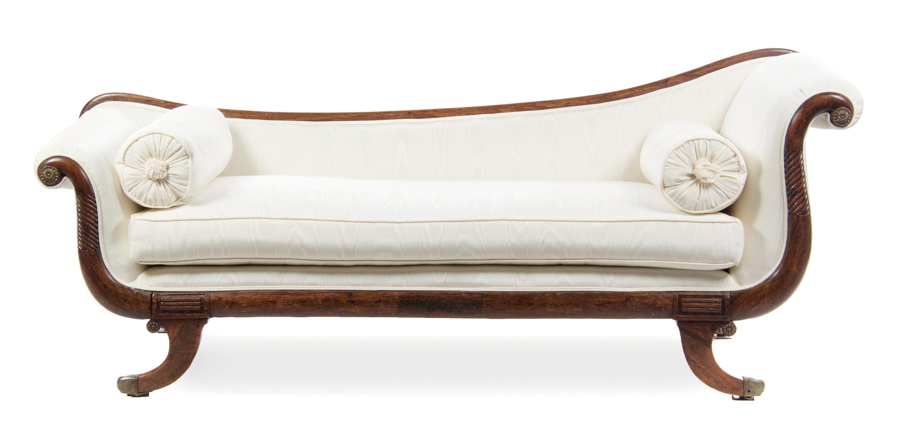 A Regency Gilt Metal Mounted Oak Sofa Height 32 x width 80 1/2 x depth 26 1/4 inches. — FIRST HALF 19TH CENTURY