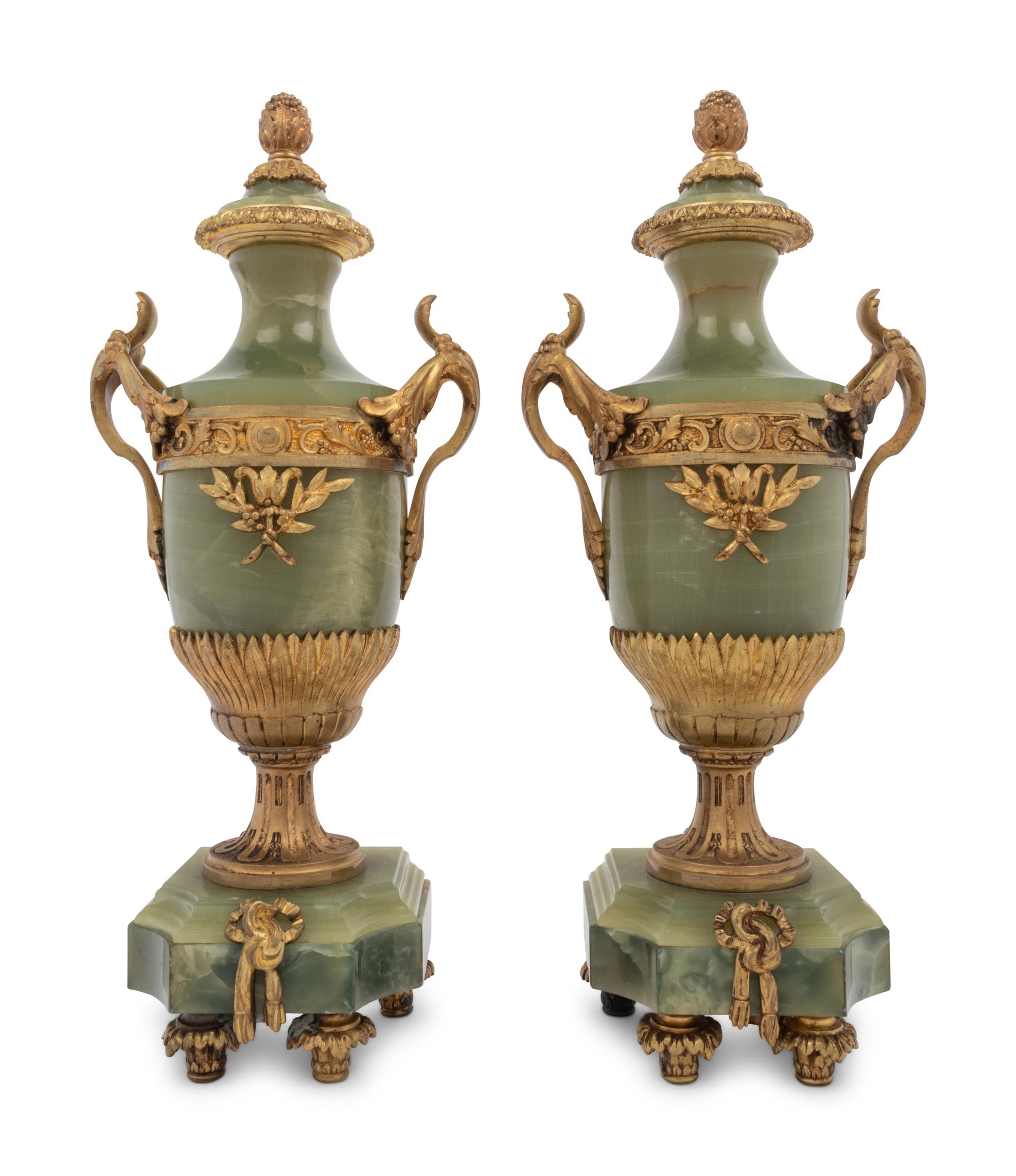 A Pair of Gilt Bronze Mounted Onyx Urns