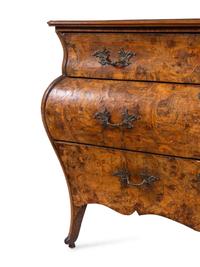 A Venetian Rococo Marquetry and Burl Radica Bombé Commode