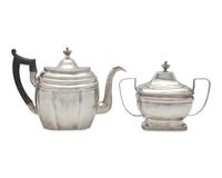 A Federal Silver Teapot and Covered Sugar Dish, Joseph Shoemaker (1765-1829) and Joseph Lownes (1758-1820), Philadelphia, PA, Circa 1800-1810