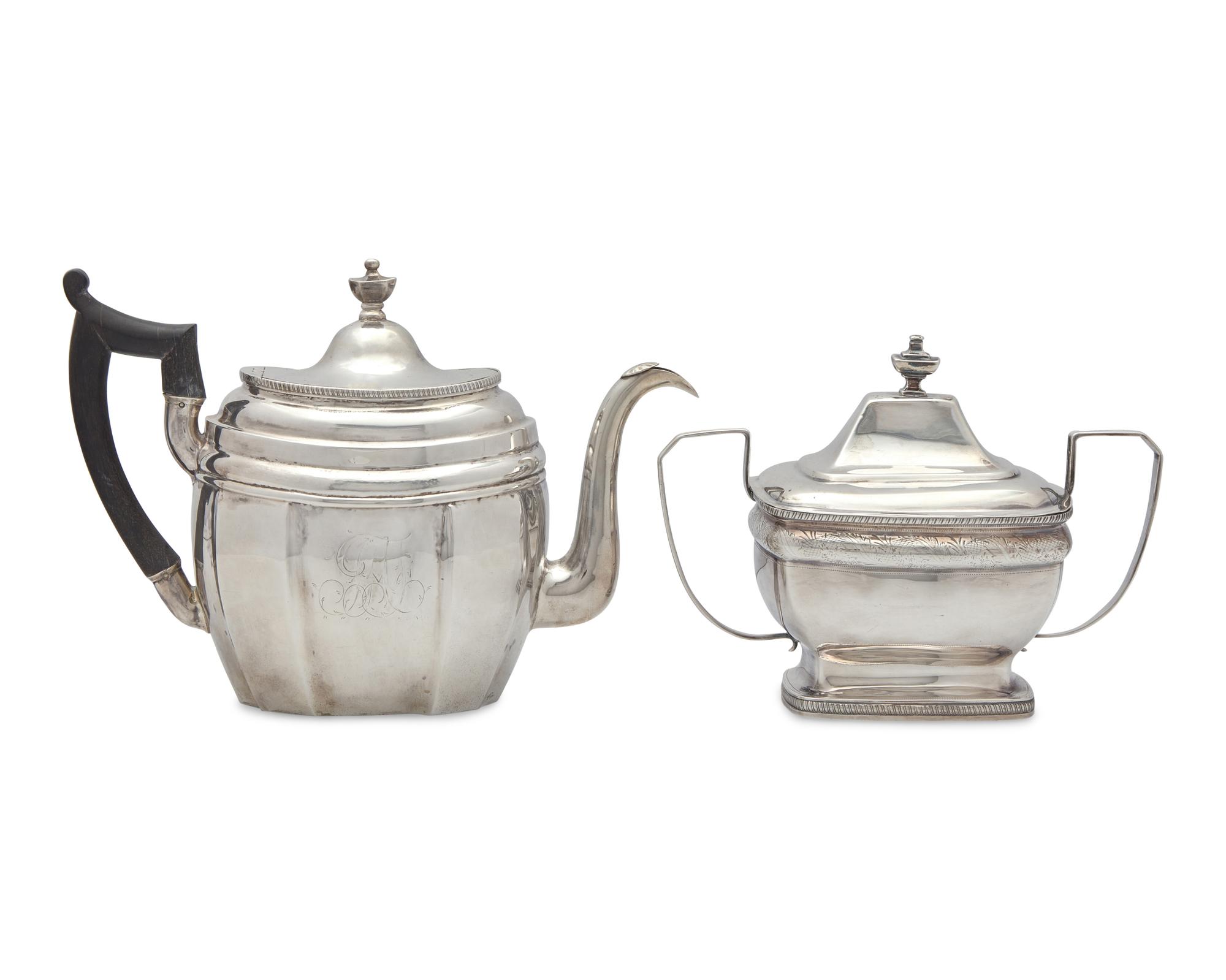 A Federal Silver Teapot and Covered Sugar Dish, Joseph Shoemaker (1765-1829) and Joseph Lownes (1758-1820), Philadelphia, PA, Circa 1800-1810