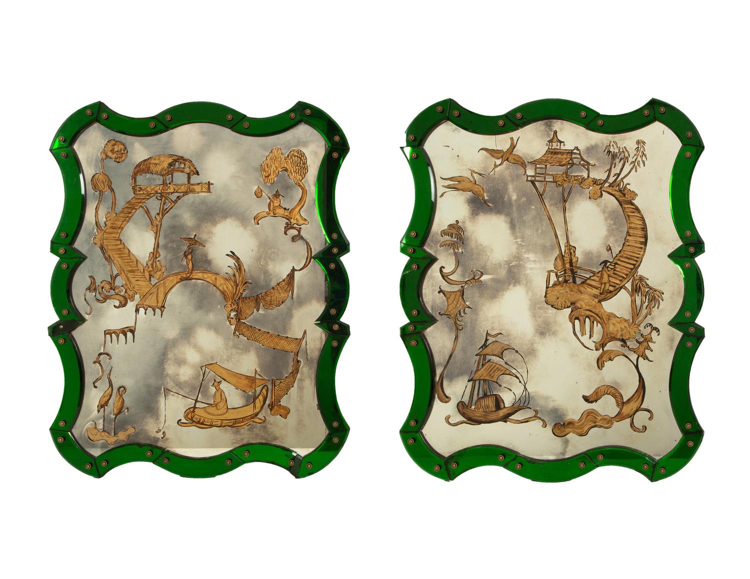 A Pair of Venetian Style Chinoiserie-Decorated Painted Glass Mirrors