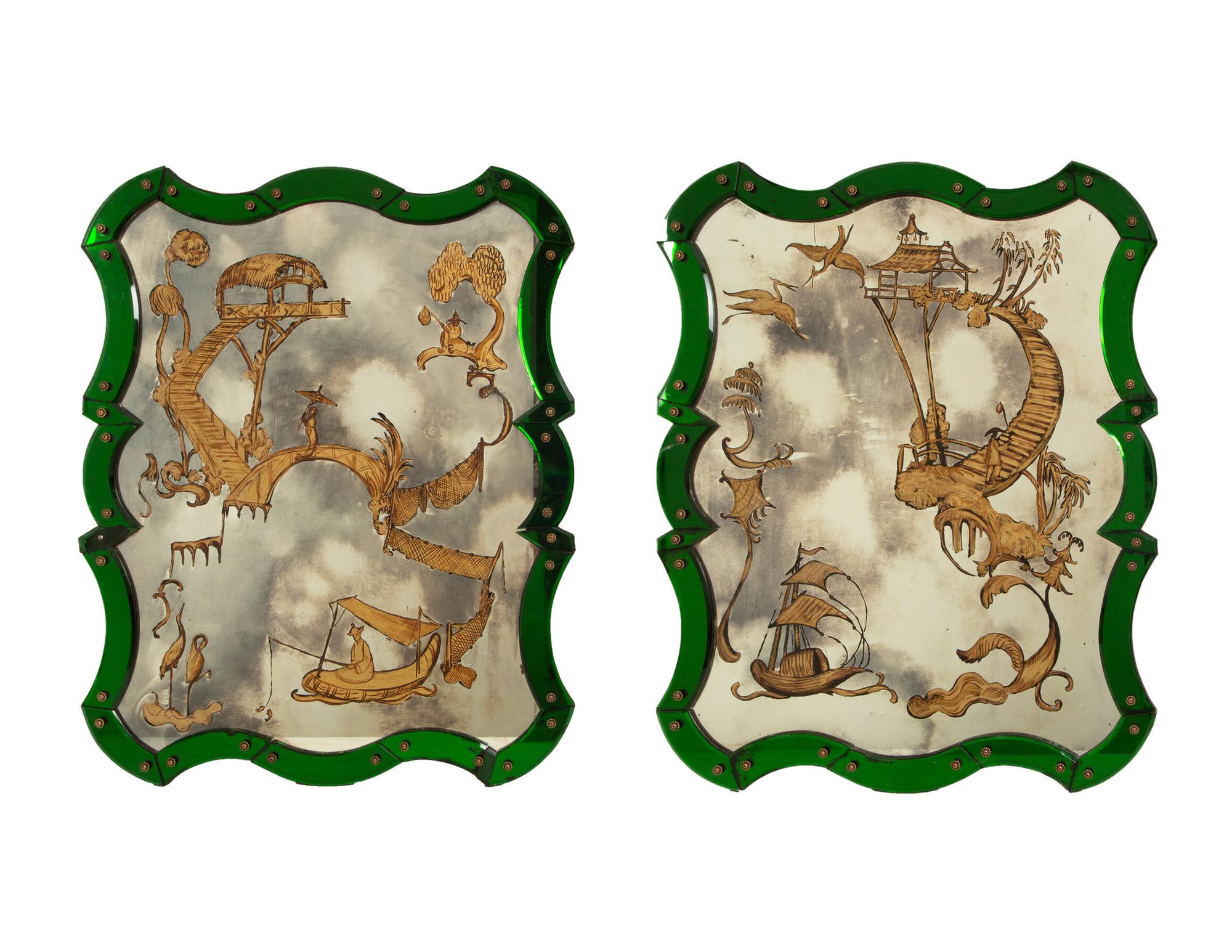 A Pair of Venetian Style Chinoiserie-Decorated Painted Glass Mirrors