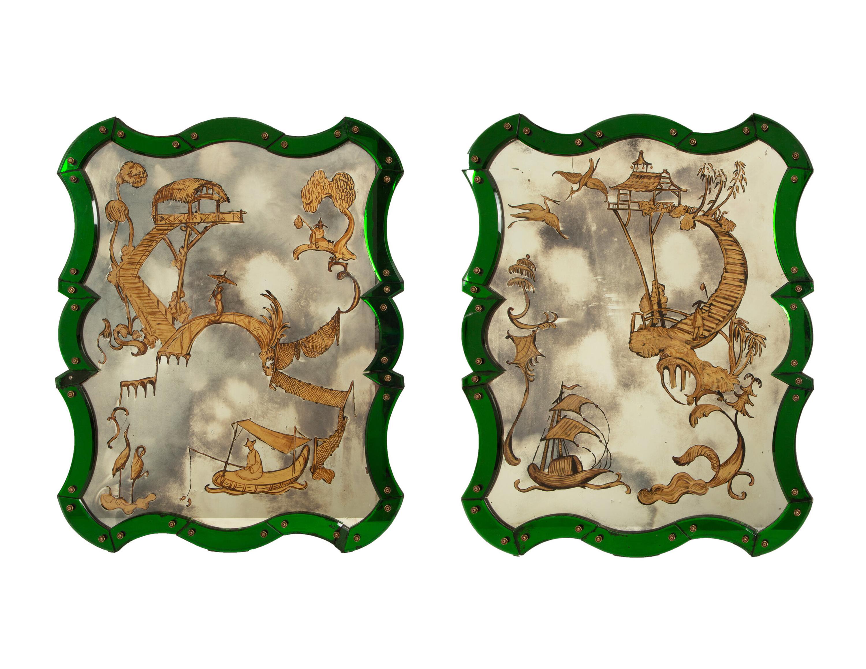 A Pair of Venetian Style Chinoiserie-Decorated Painted Glass Mirrors