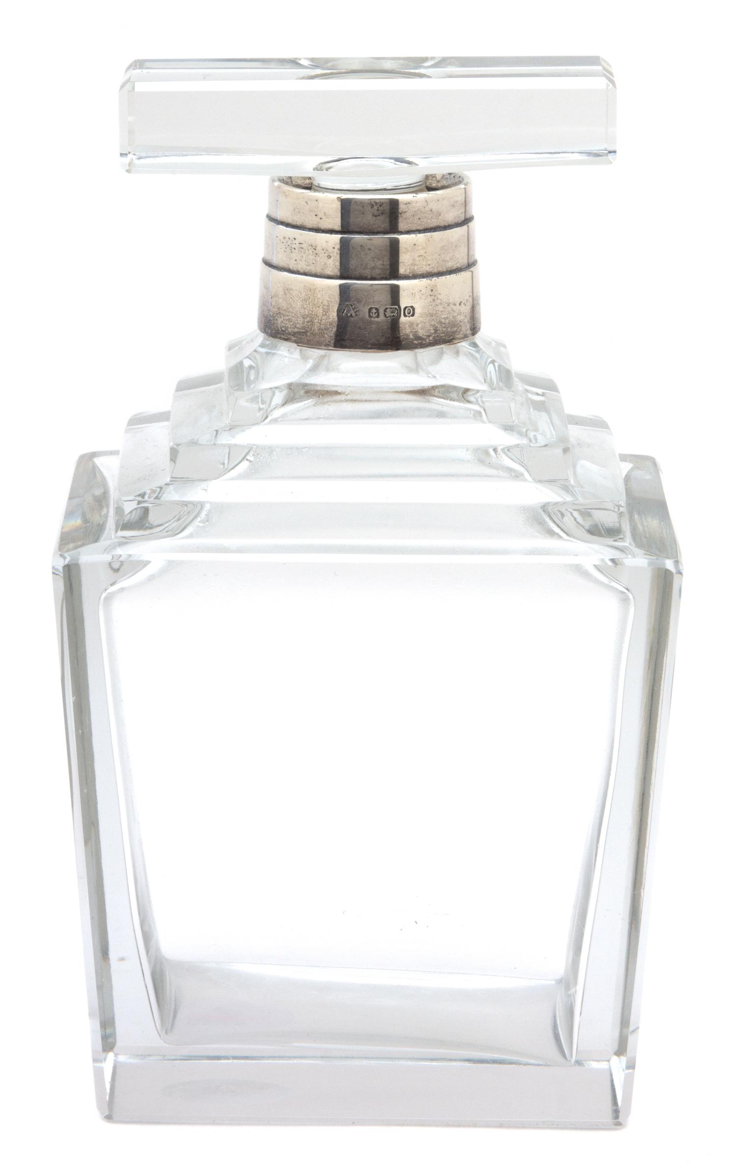 An English Silver Mounted Art Deco Crystal Decanter Height 8 x width 4 1/2 x depth 3 1/4 inches. — ADIE BROTHERS, LTD., BIRMINGHAM, 1913