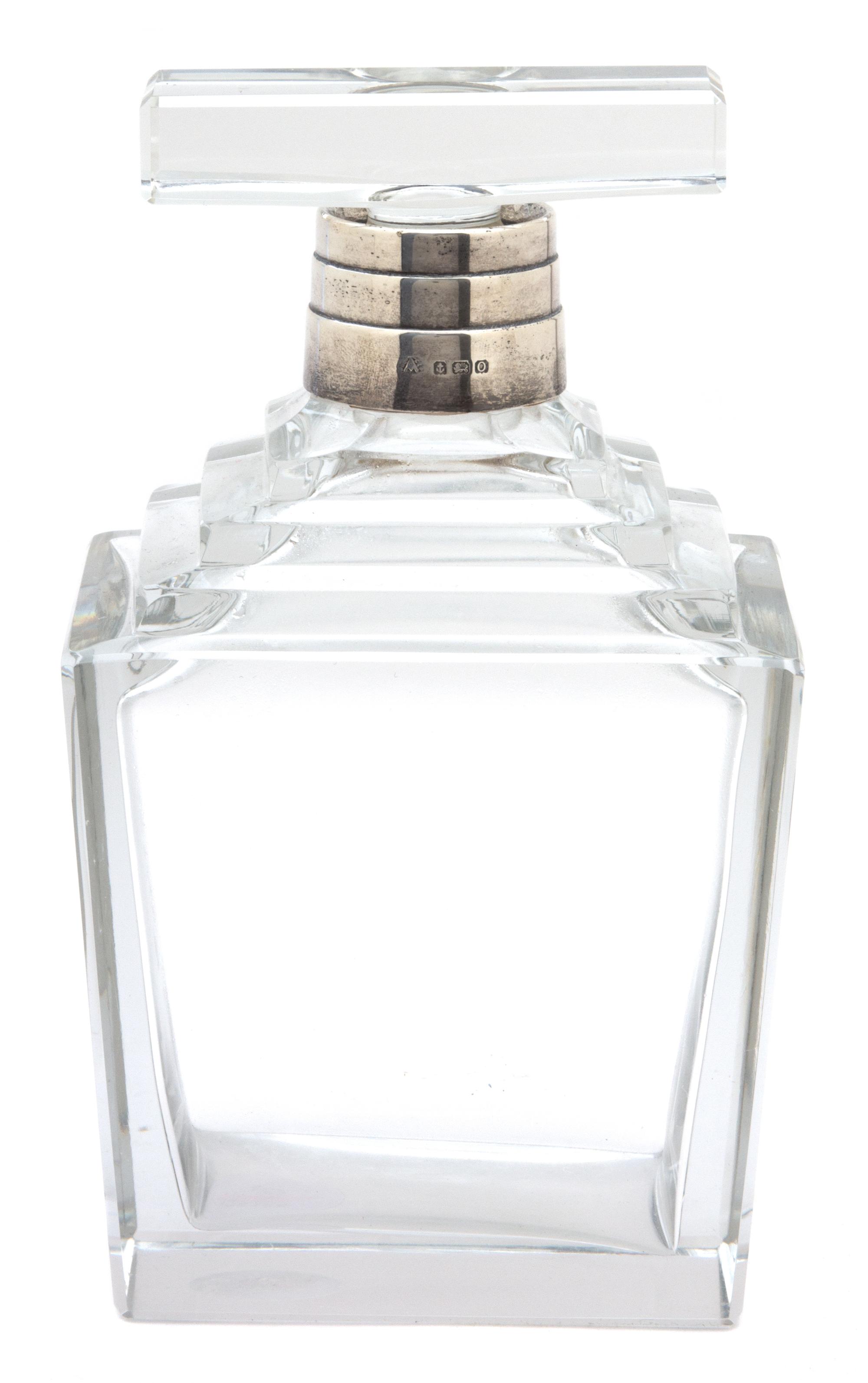 An English Silver Mounted Art Deco Crystal Decanter Height 8 x width 4 1/2 x depth 3 1/4 inches. — ADIE BROTHERS, LTD., BIRMINGHAM, 1913