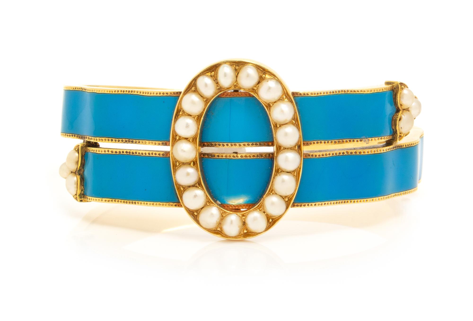 A Victorian Yellow Gold, Pearl and Enamel Bangle Bracelet, 21.20 dwts.