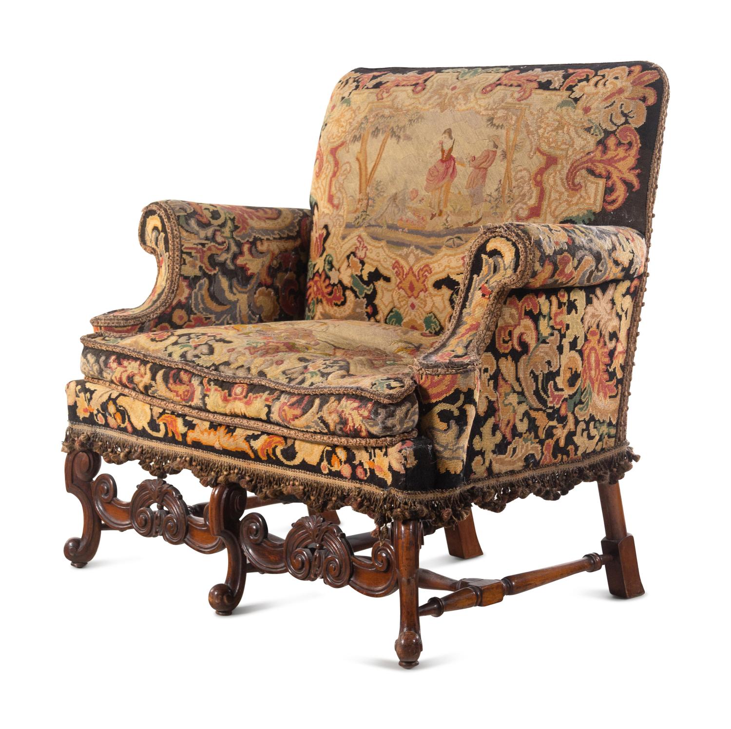 A William and Mary Style Needlepoint-Upholstered Carved Walnut Settee