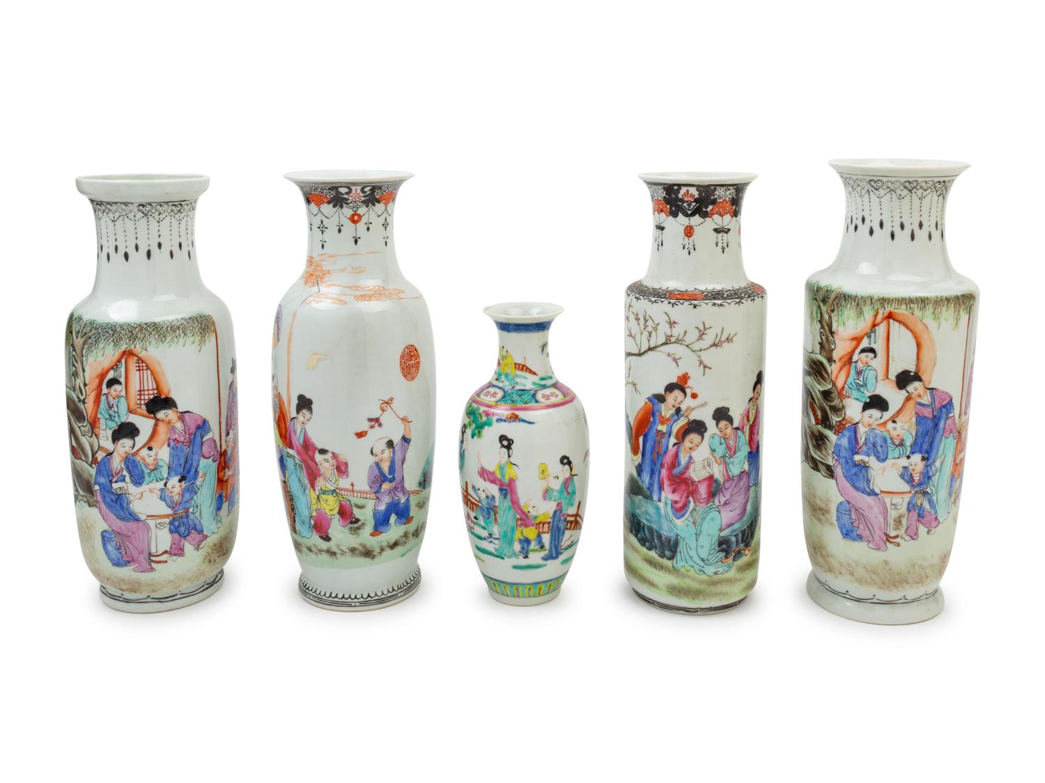 Five Chinese Famille Rose Porcelain Vases