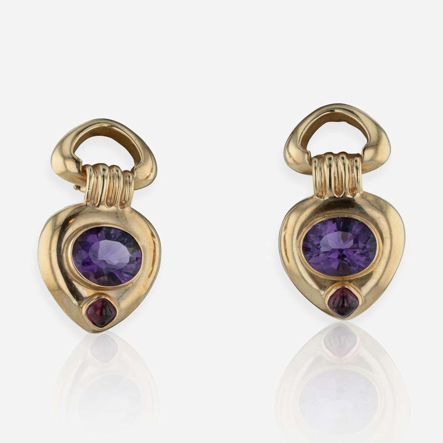 A Pair of 14K Yellow Gold and Amethyst Ear Clips