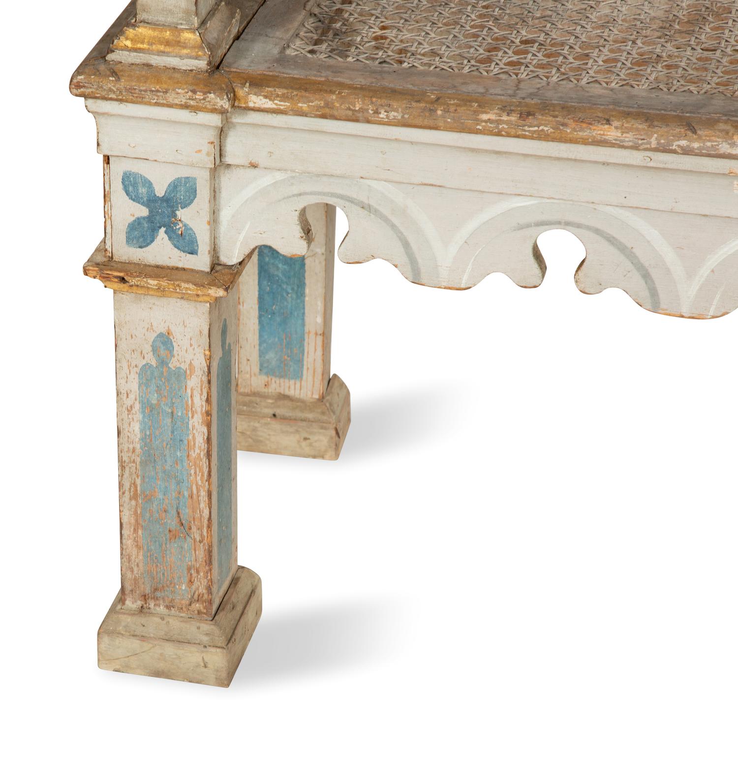 A Neo-Gothic Trompe l'oeil Painted and Parcel Gilt Hall Bench