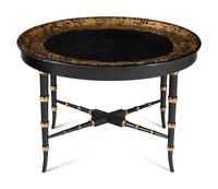 A Victorian Black Lacquer and Parcel Gilt Papier Mache Tray on Stand