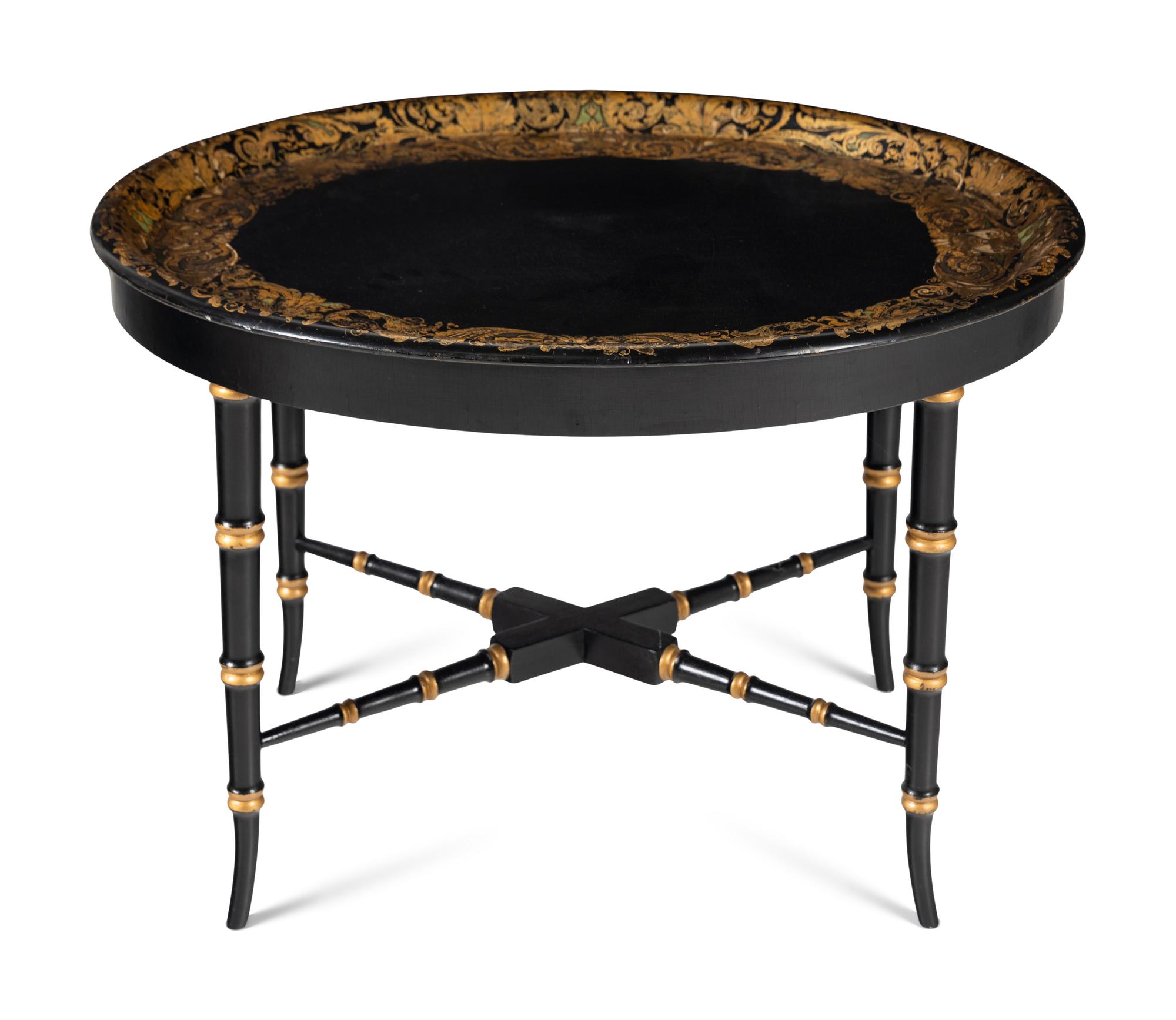 A Victorian Black Lacquer and Parcel Gilt Papier Mache Tray on Stand