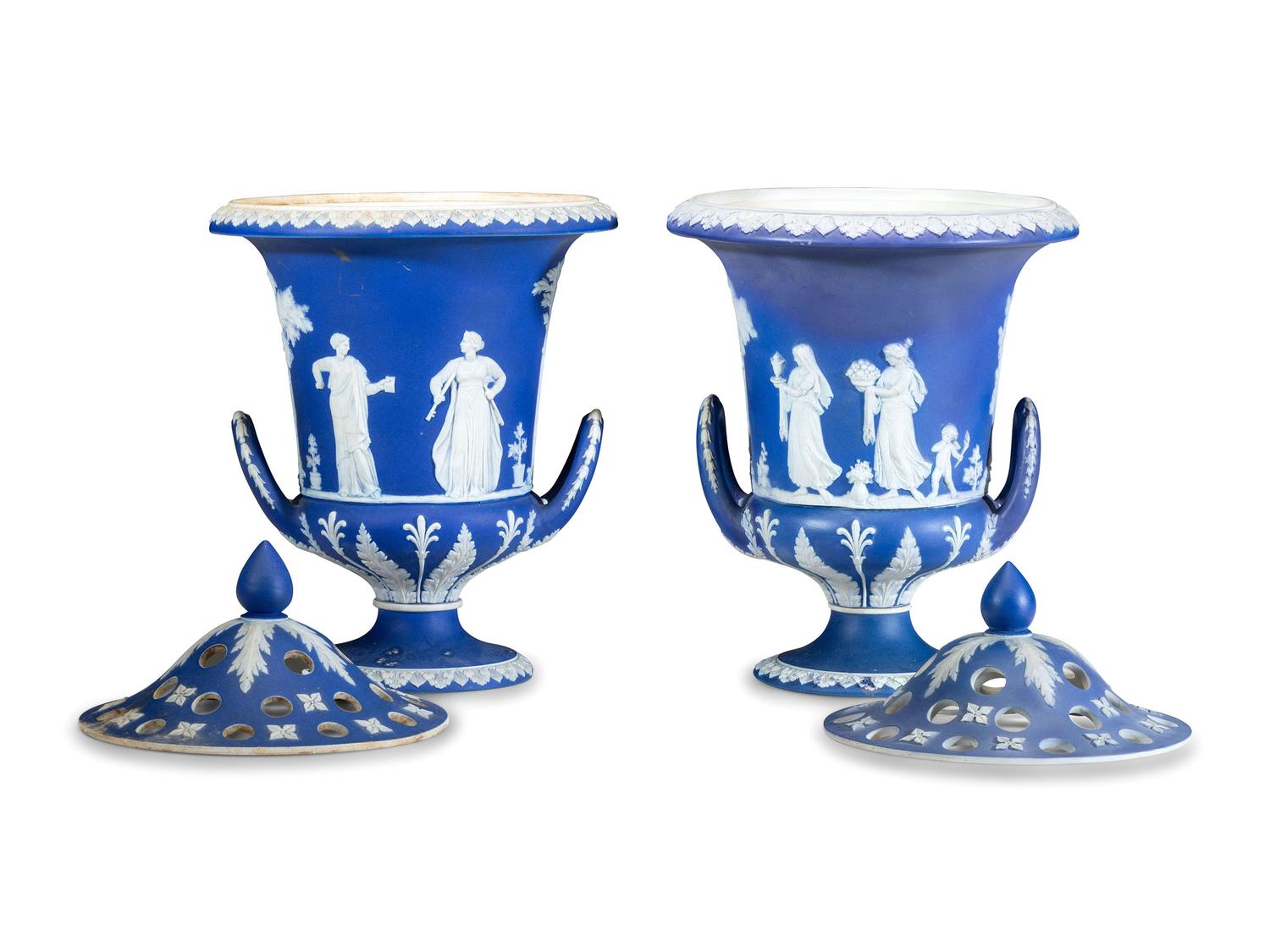 A Pair of Wedgwood Jasperware Flower Urns
