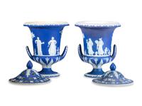 A Pair of Wedgwood Jasperware Flower Urns