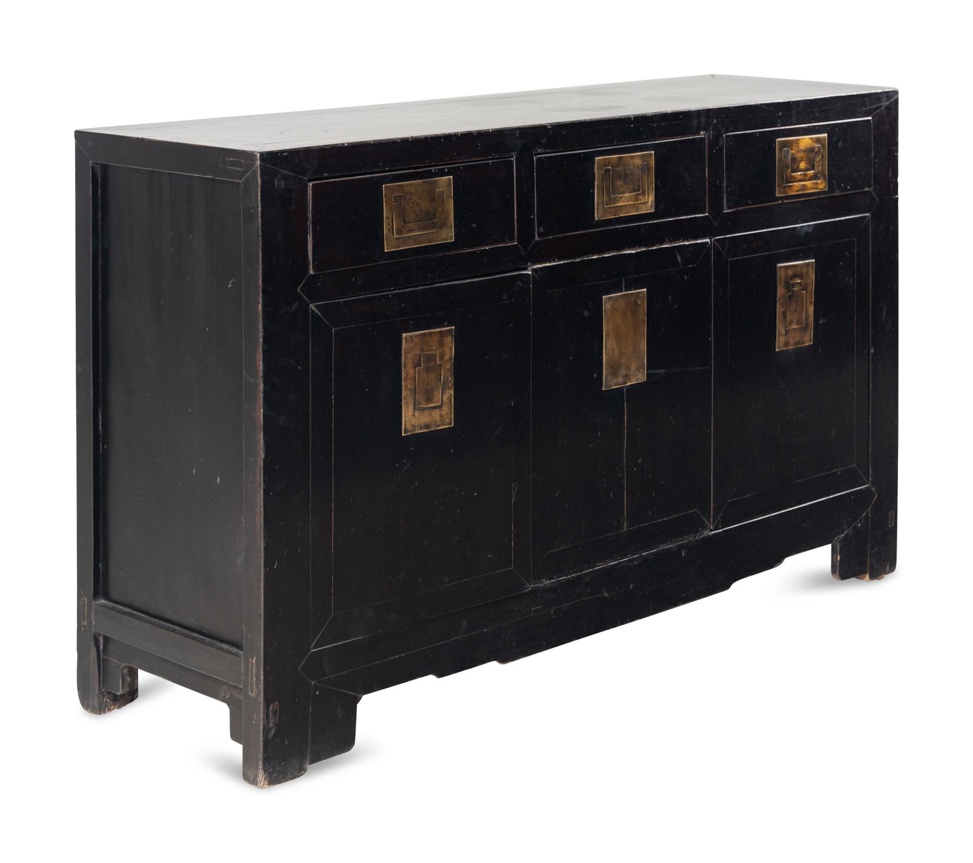 A Chinese Style Black Lacquered and Brass Mounted Console Cabinet