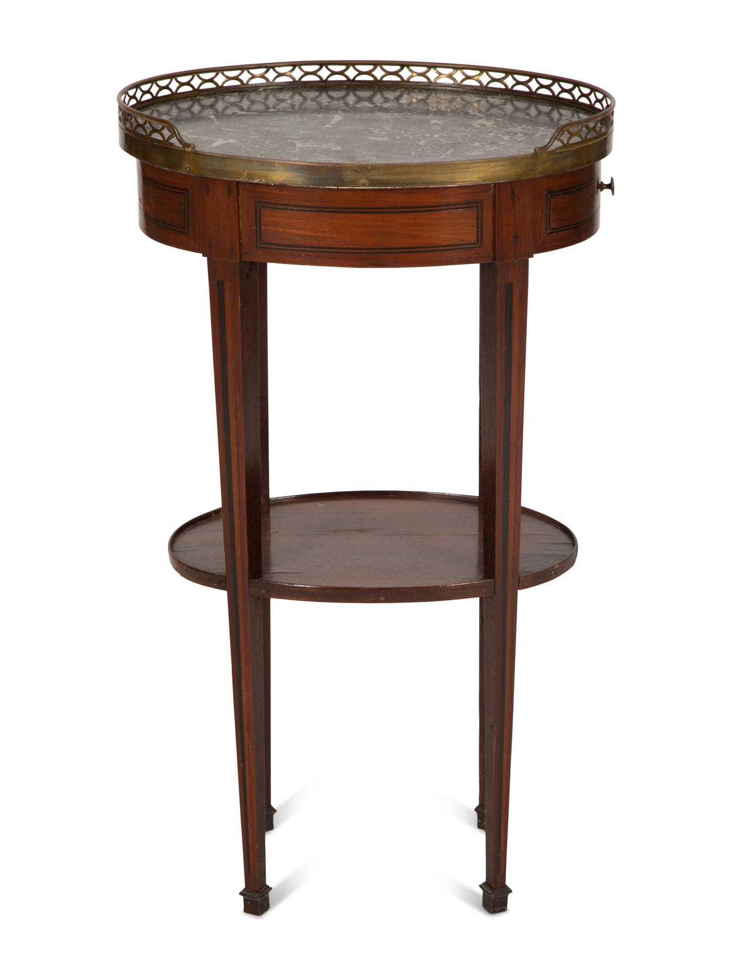 A French Empire Inlaid Mahogany Bouillotte Table with Marble Top and Brass Three-Quarter Gallery