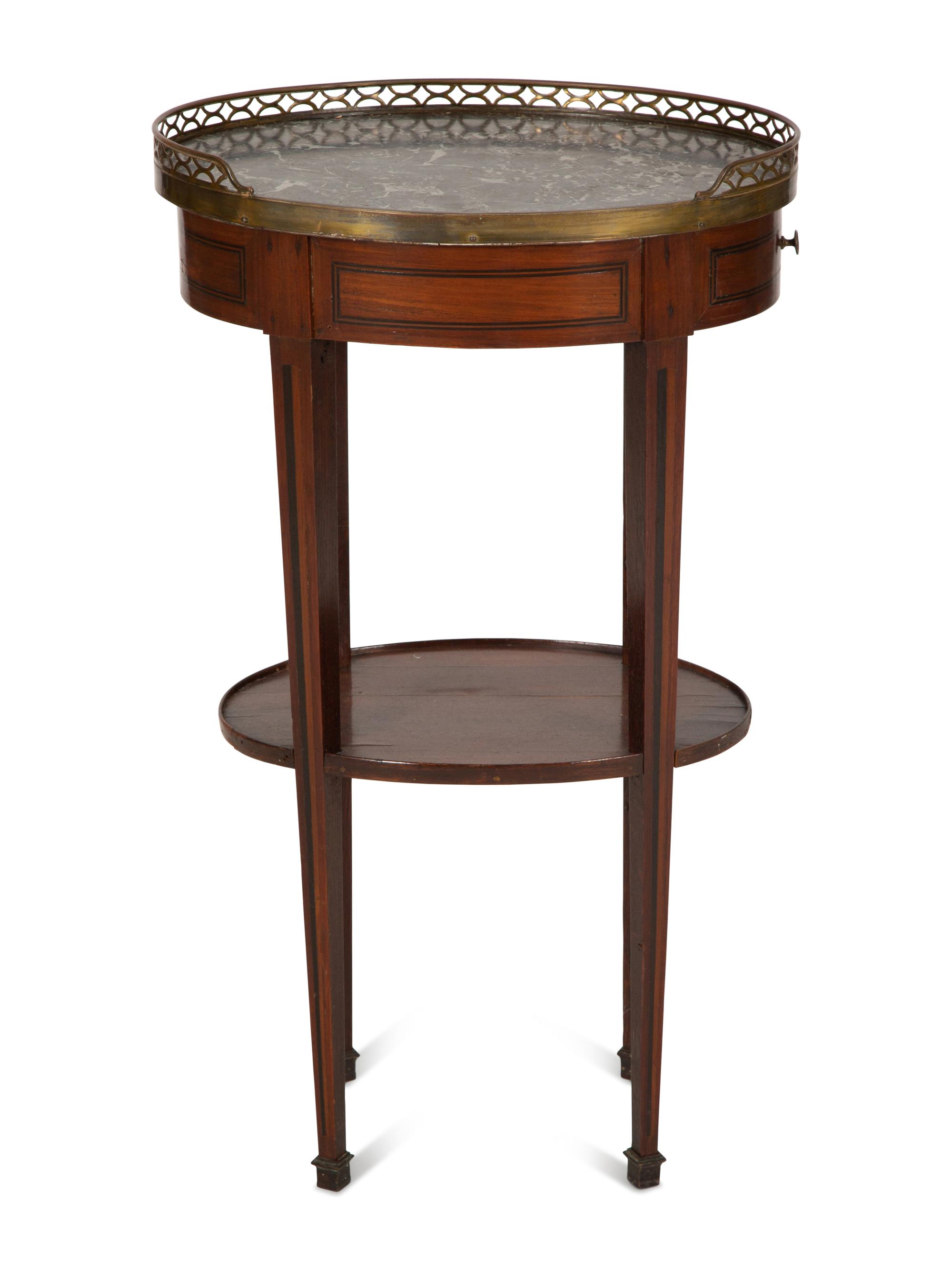 A French Empire Inlaid Mahogany Bouillotte Table with Marble Top and Brass Three-Quarter Gallery