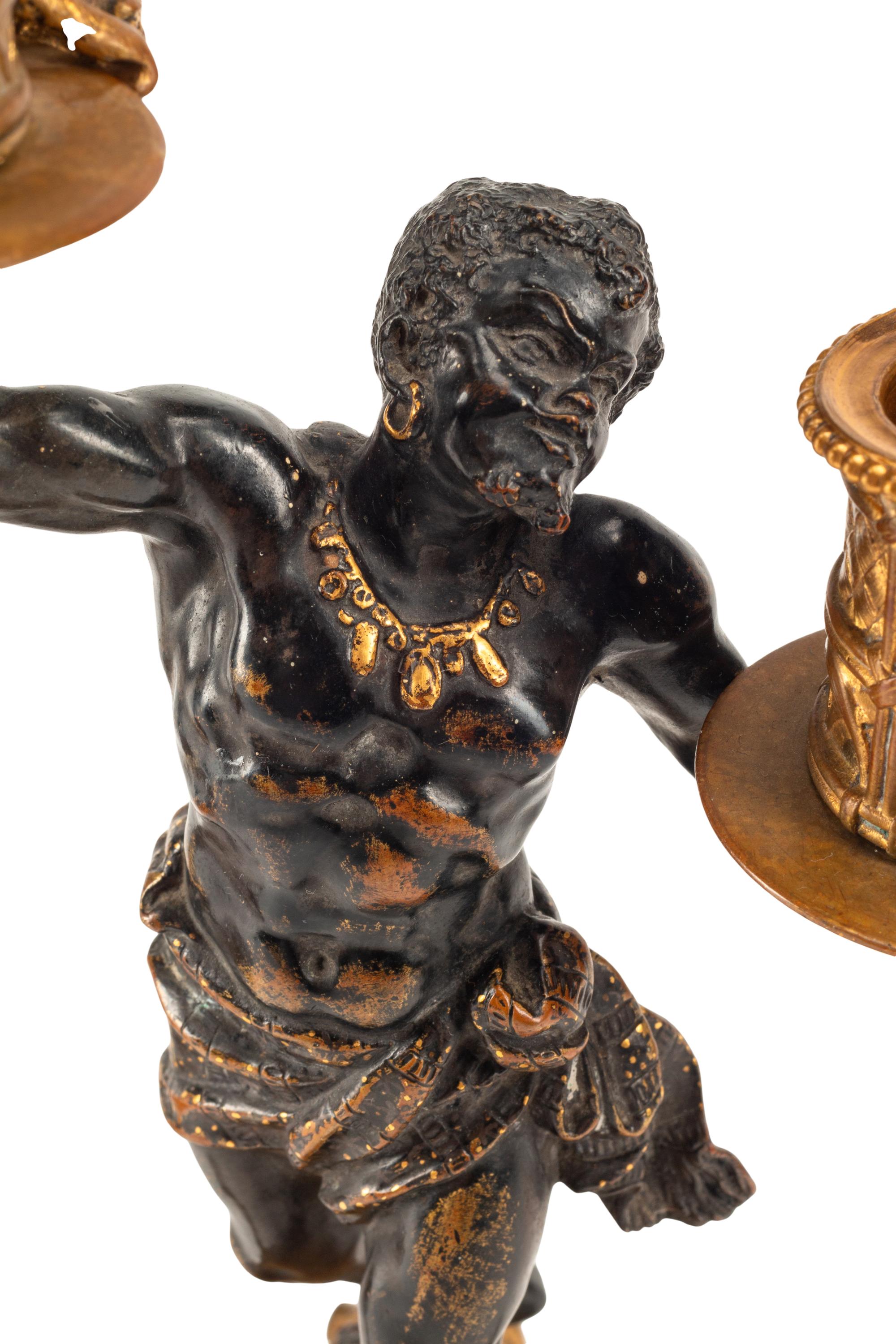 A Pair of French Gilt and Patinated Bronze Orientalist Candlesticks