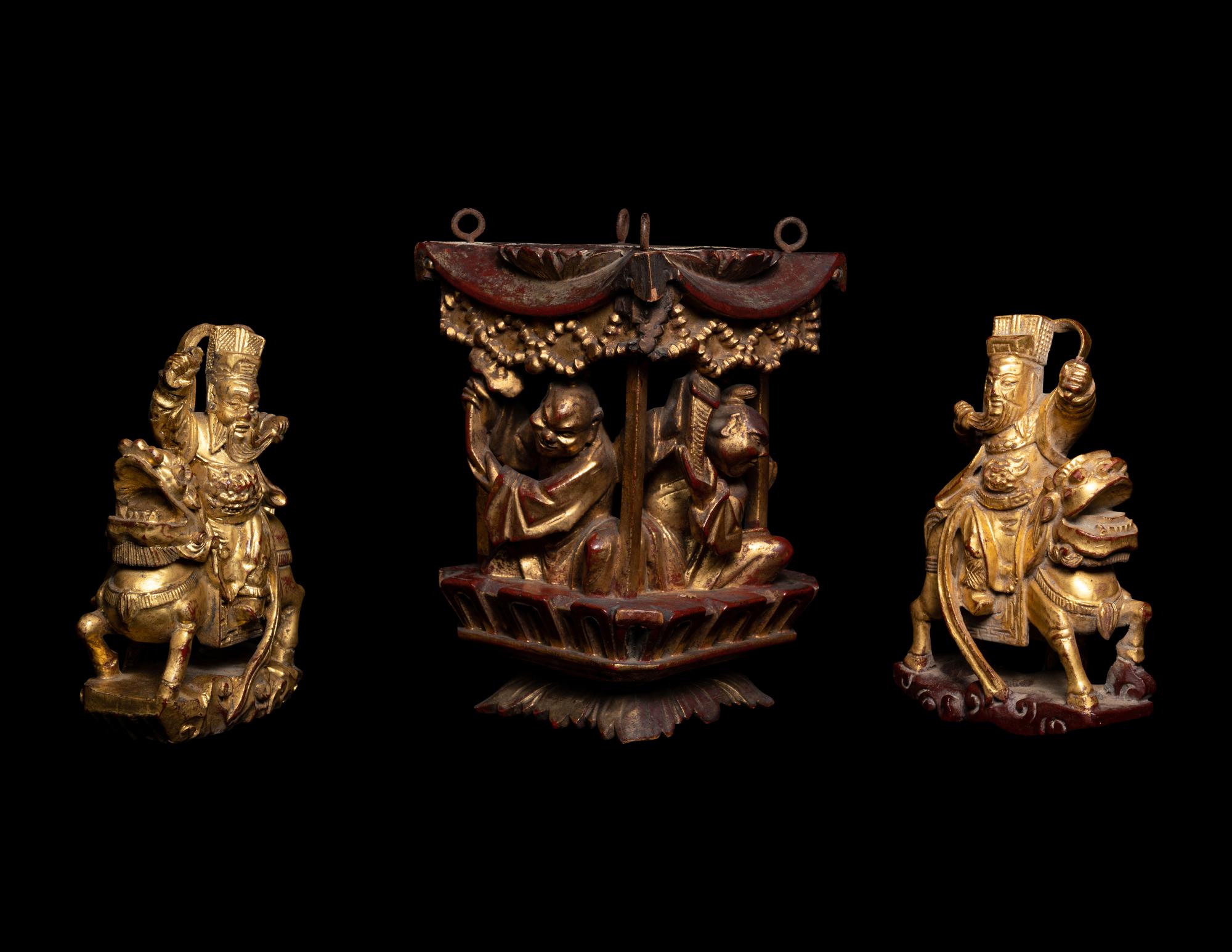 Three Chinese Gilt and Red Lacquered Wood Carvings