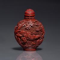 A Chinese Carved Cinnabar Lacquer Snuff Bottle, Late 18th-19th Century 清中期 剔紅松下高士圖鼻烟壺