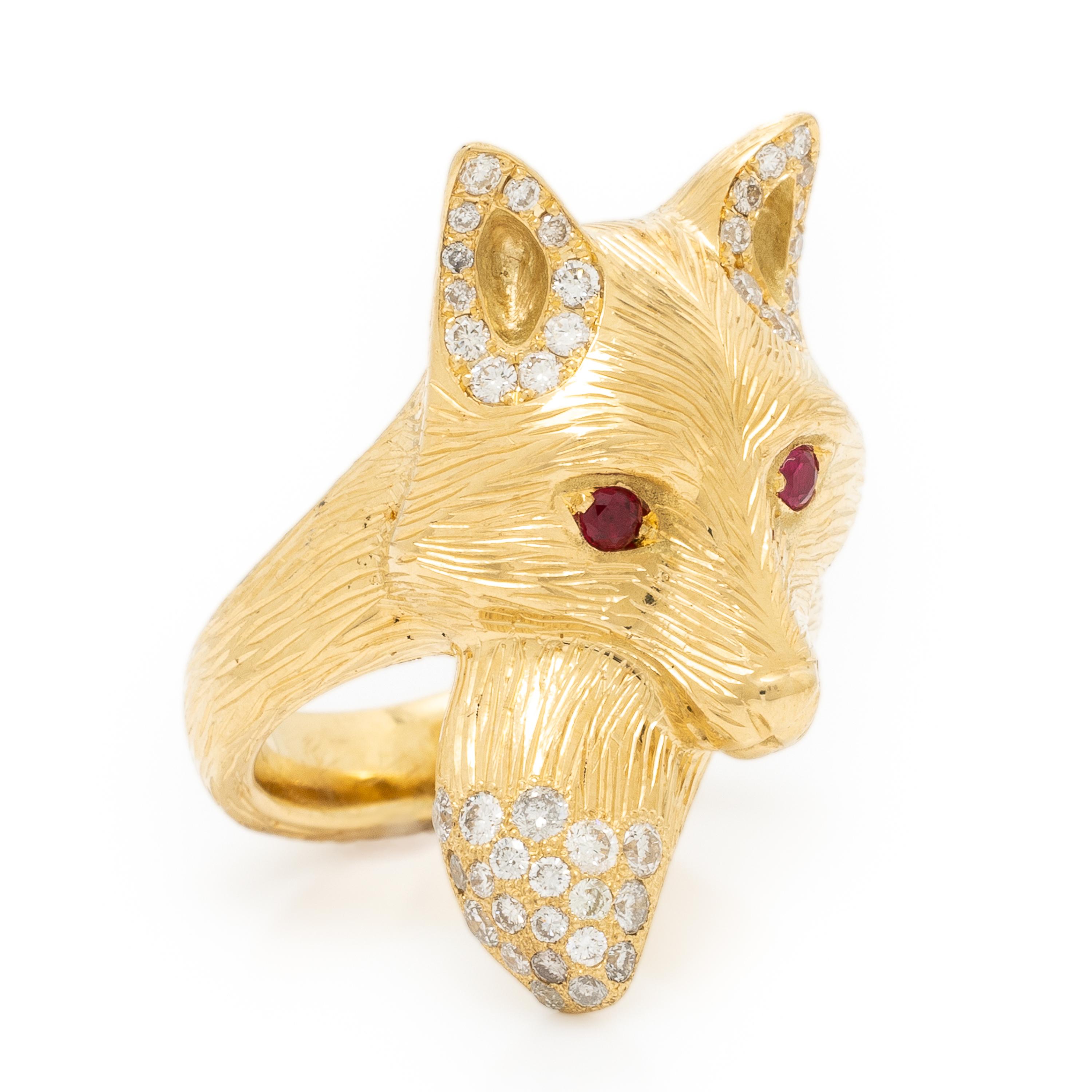 House of Ravn, 'Liberty', Yellow Gold, Diamond, and Ruby Fox Ring