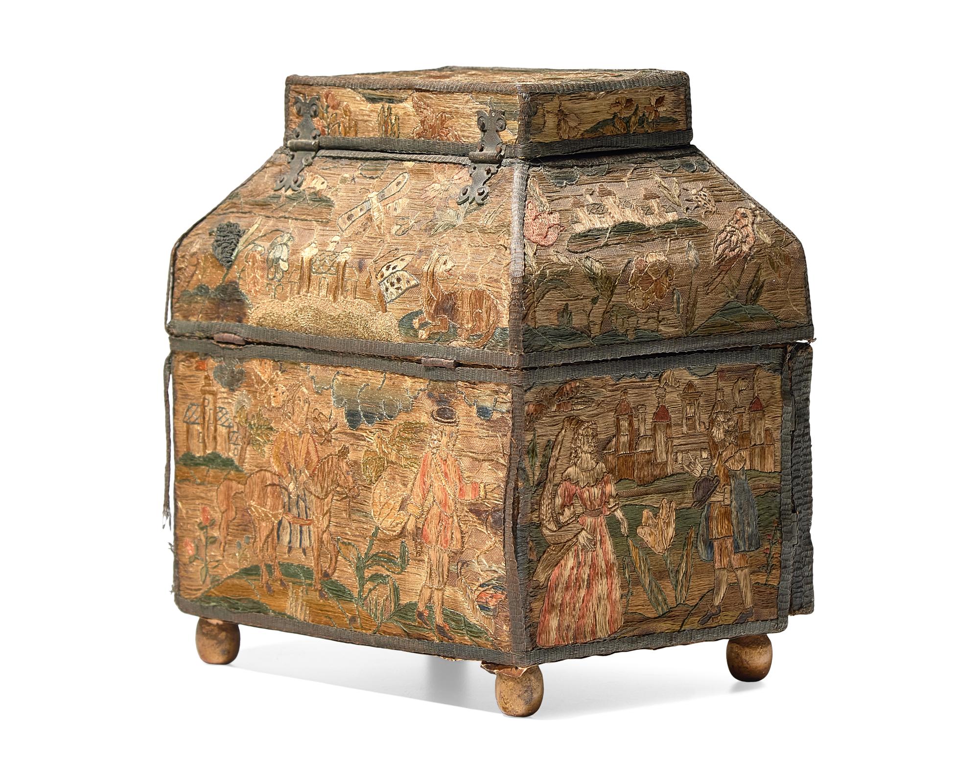A Charles II Embroidered Tabletop Sewing Casket, 17th Century
