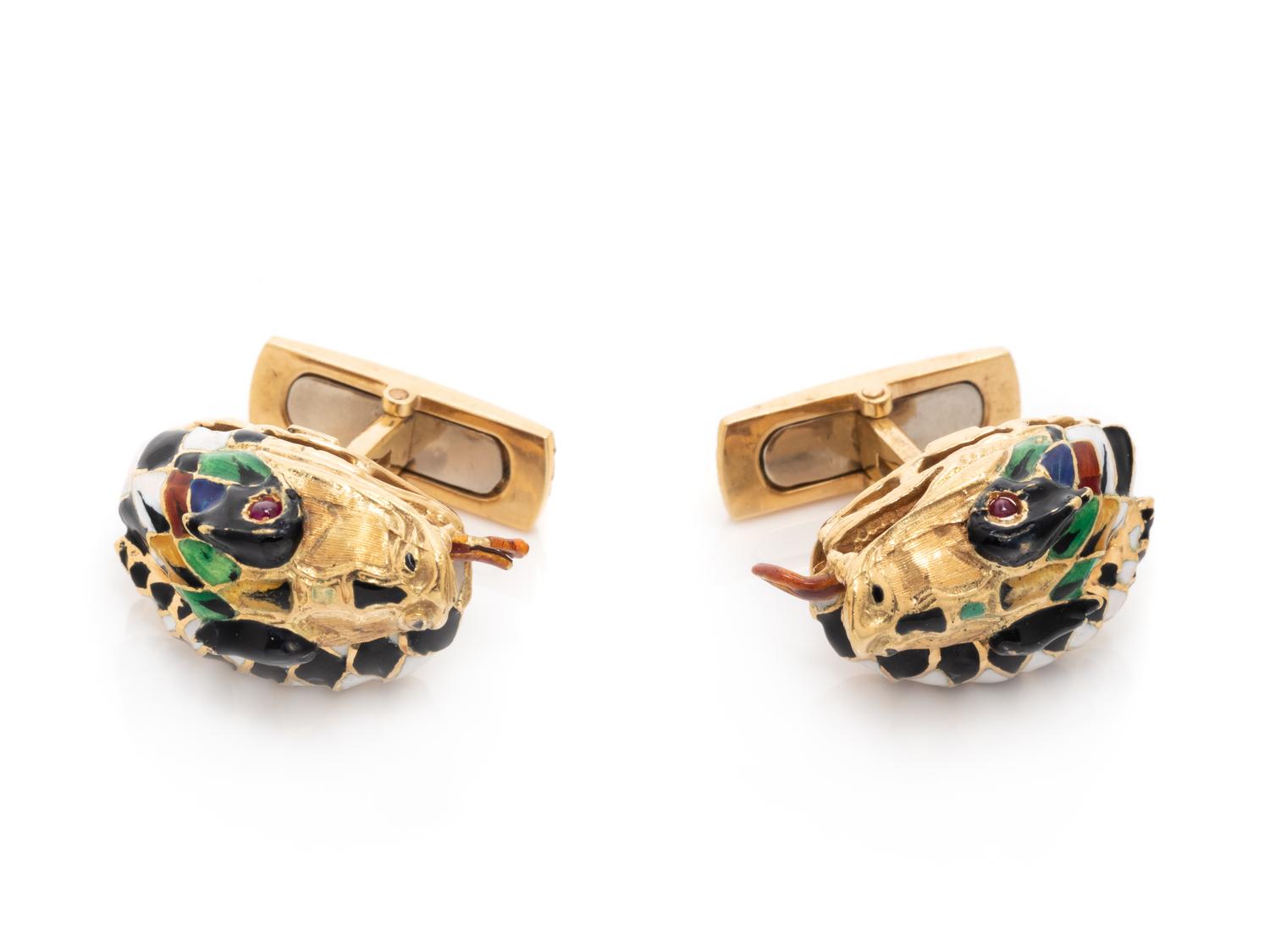 YELLOW GOLD AND POLYCHROME ENAMEL SNAKE CUFFLINKS