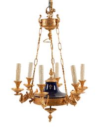 An Empire Style Porcelain Mounted Gilt Bronze Six-Light Chandelier