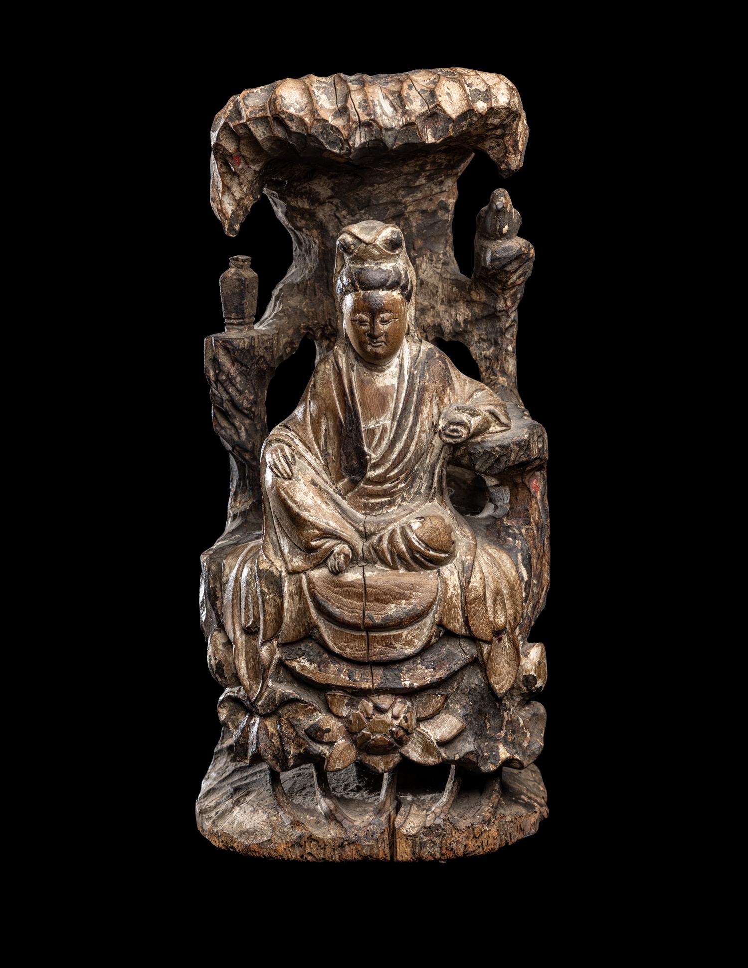 A Chinese Carved Wood Figure of Guanyin