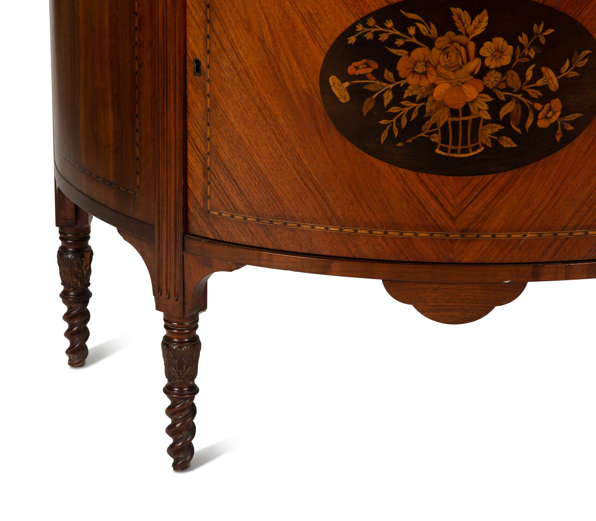 An English Fruitwood and Mahogany Marquetry Demilune Cabinet