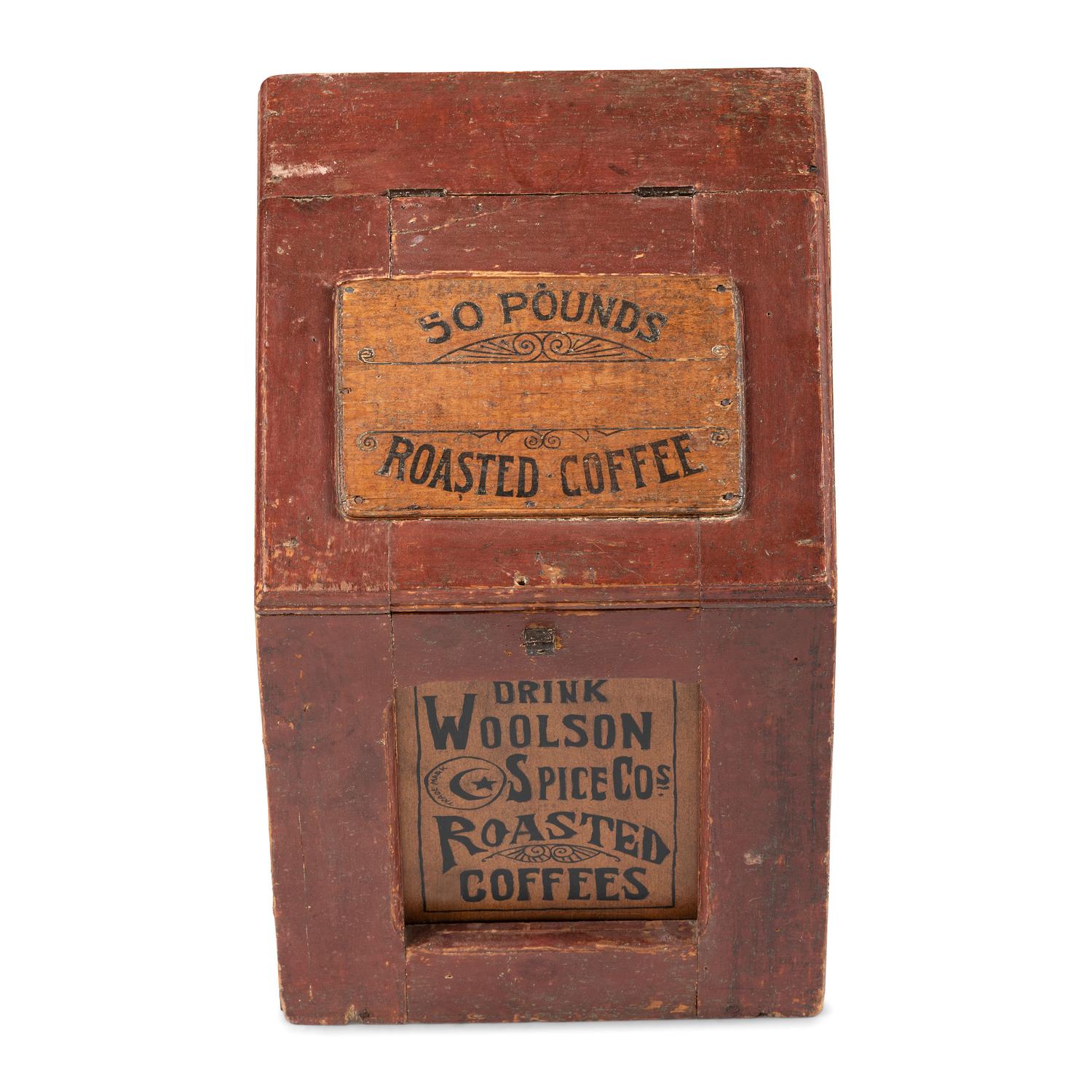 A Woolson Spice Co. Stenciled Wood Coffee Bin