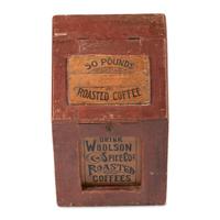 A Woolson Spice Co. Stenciled Wood Coffee Bin